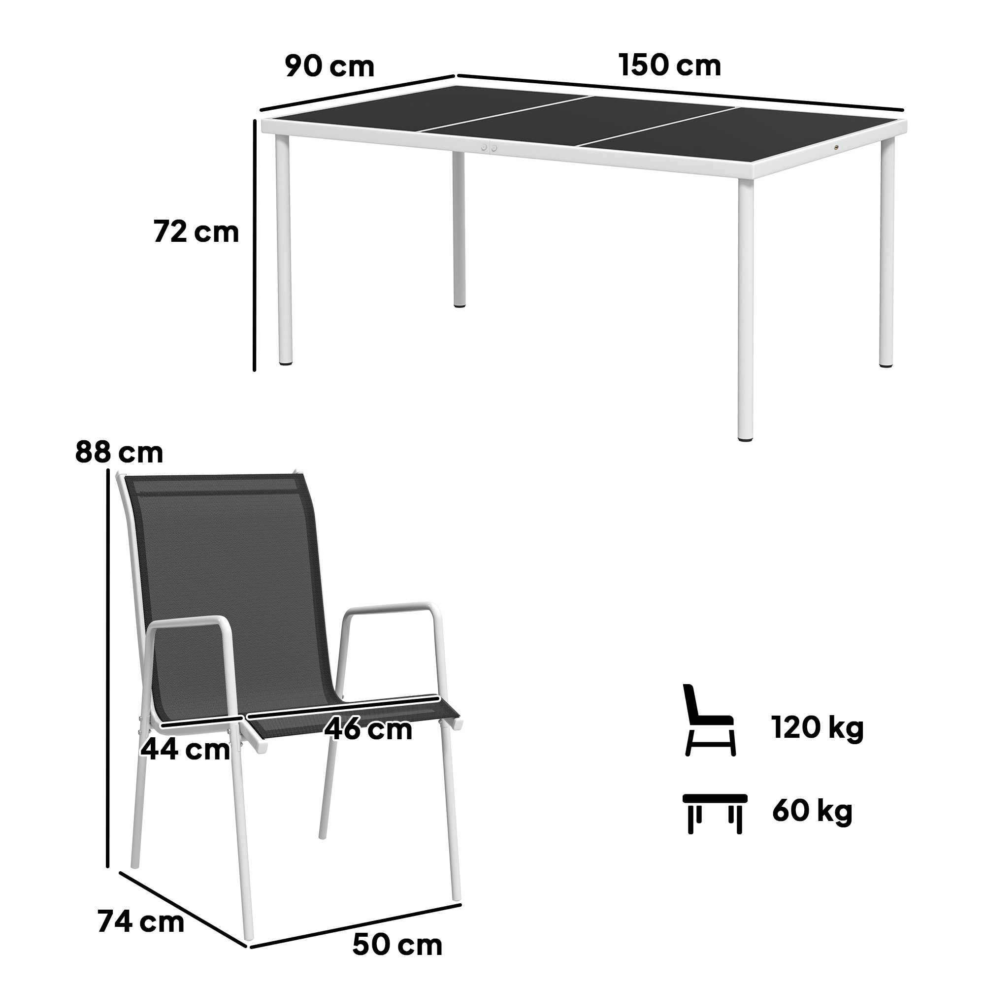 7-delige tuinmeubelset met eettafel en 6 stapelbare stoelen, Glastafel, Zwart