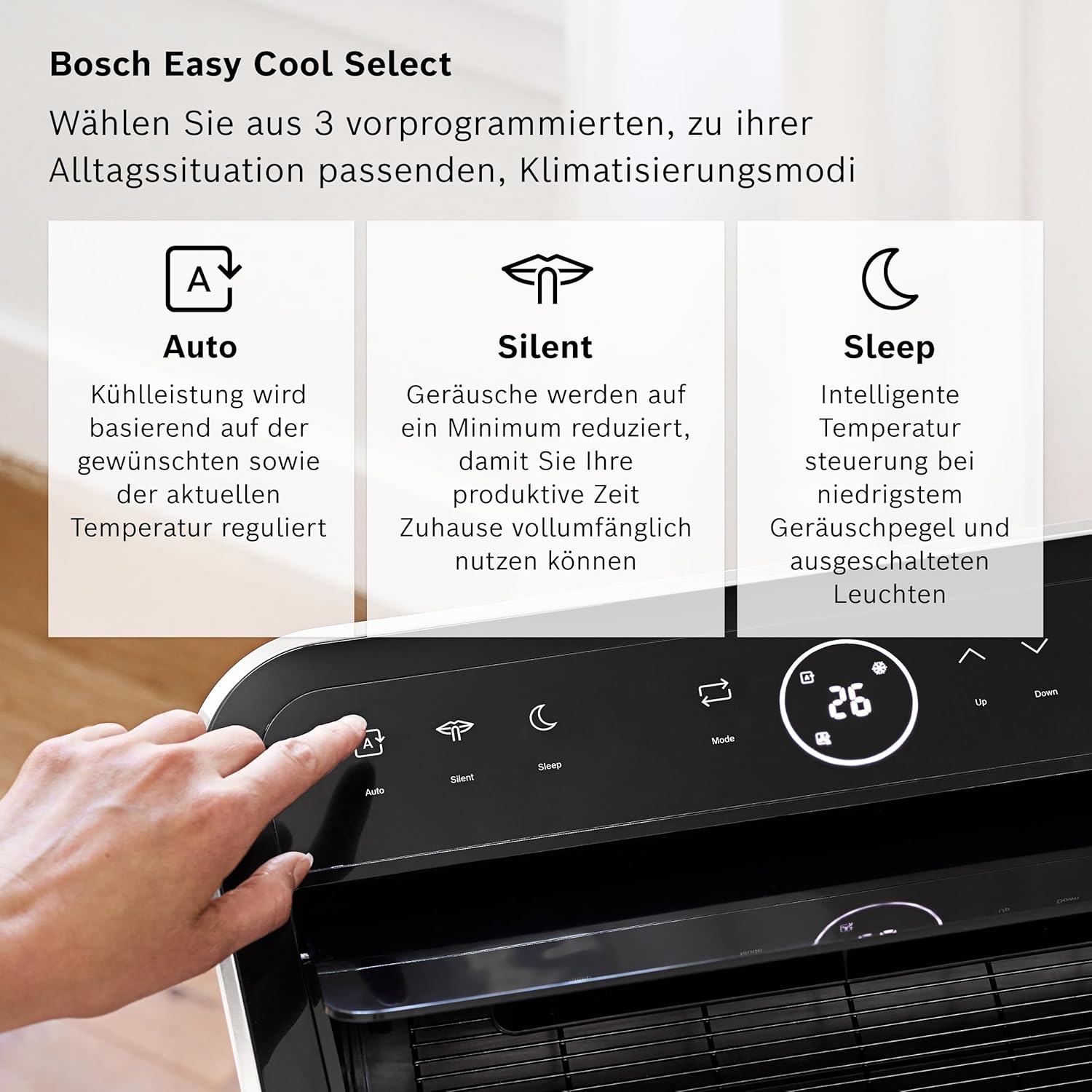 Bosch Cool 4000 Mobiles Klimagerät - 3-in-1: Klimagerät, Luftentfeuchter, Ventilator - 2,6 kW für Räume bis zu 35m² - Mit Auto-Modus, Silent-Modus & Sleep-Modus