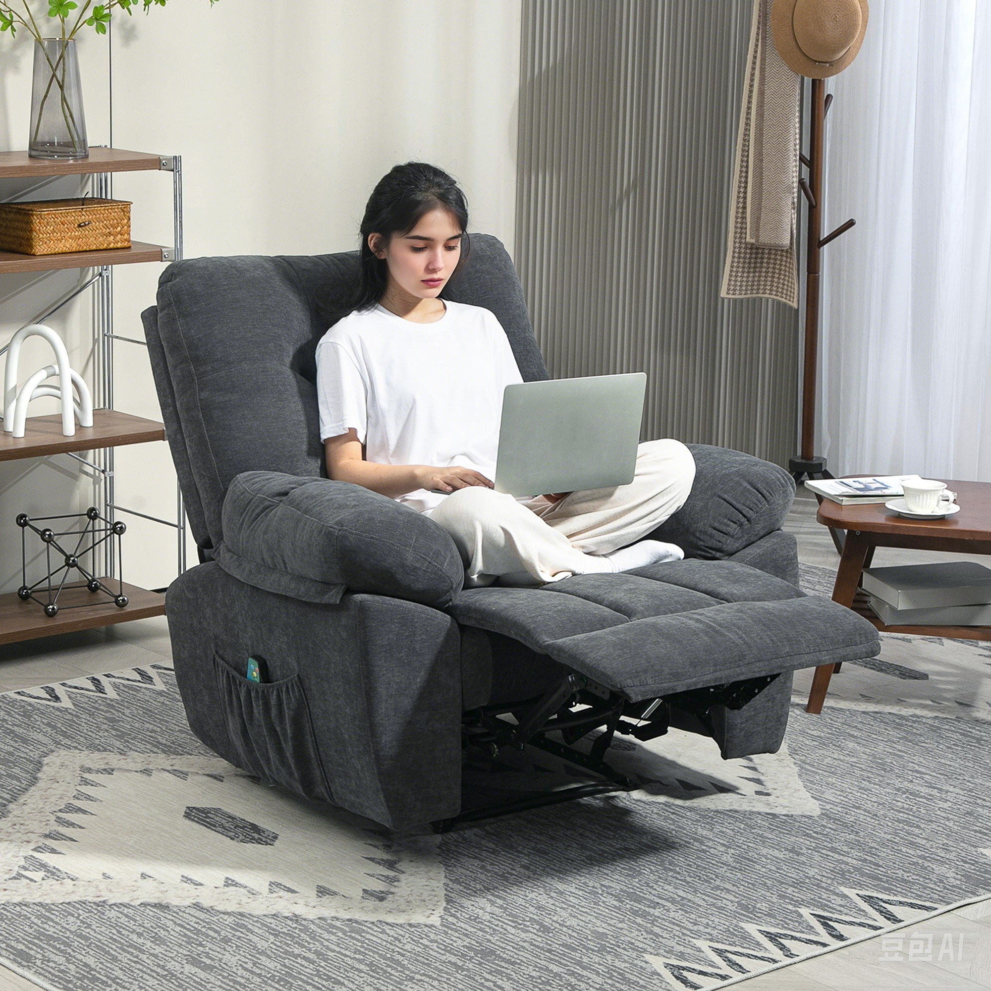 Relaxstoel met Massage, 8 Vibratiepunten, Verstelbare Voetsteun, Zijvak, Ligstoel, Grijs