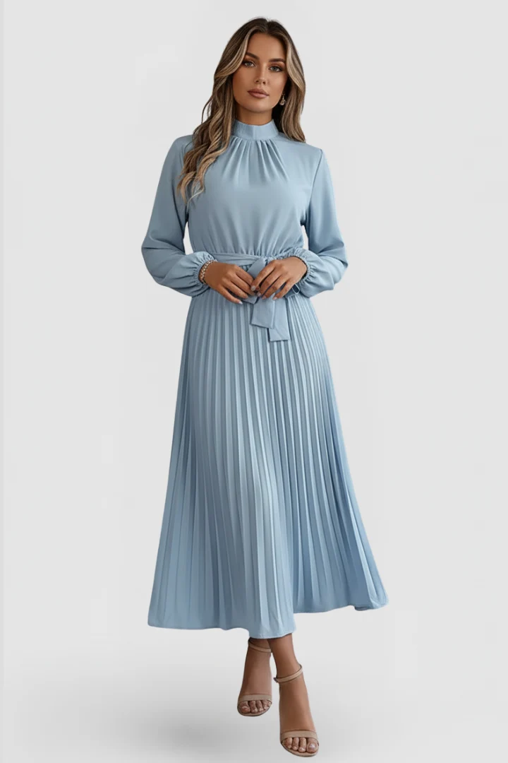 Damen-Plisseekleid mit langen ?rmeln und Taillenband