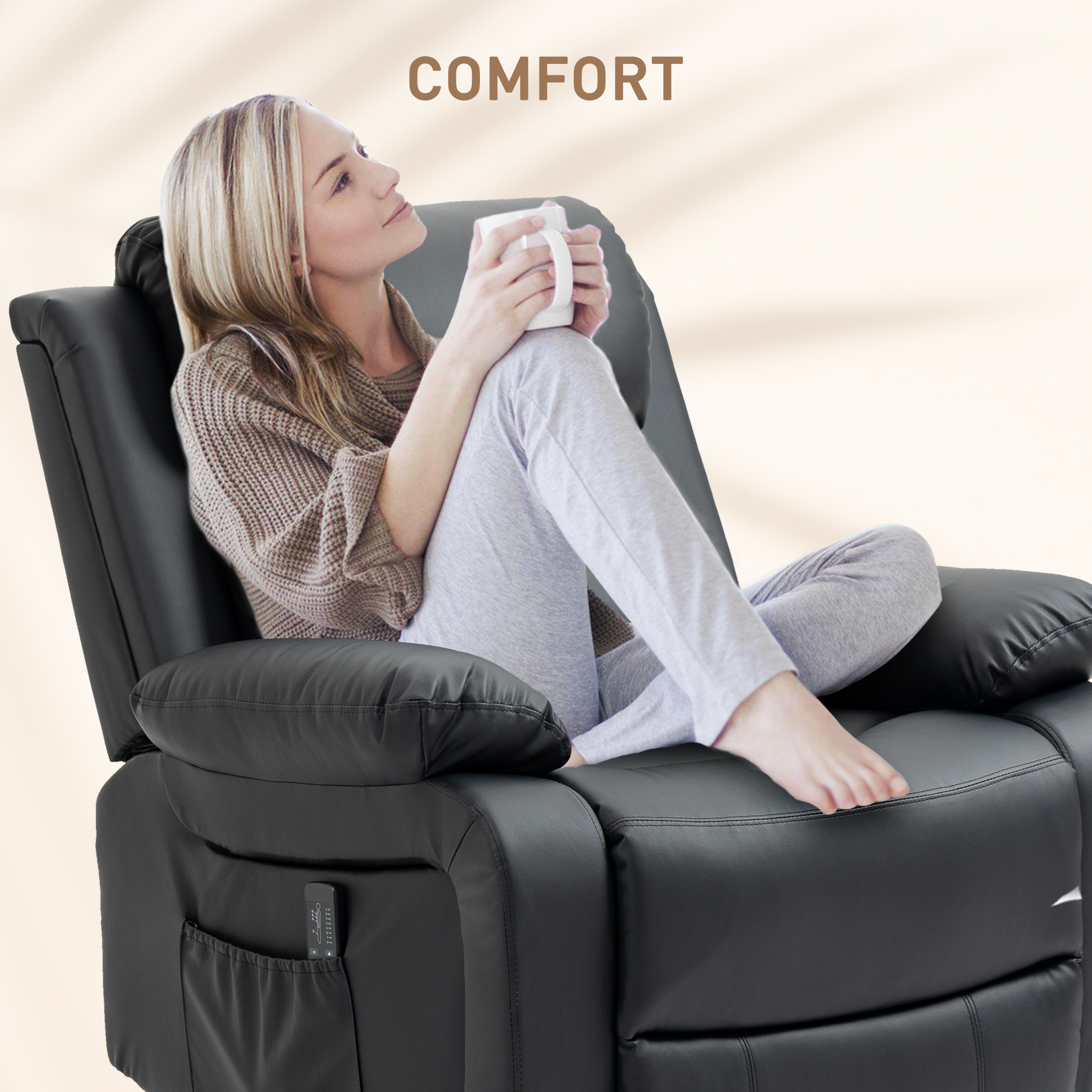 Massagestoel met 8 trillingskoppen, relaxfauteuil, verstelbare rugleuning en voetsteun, zwart