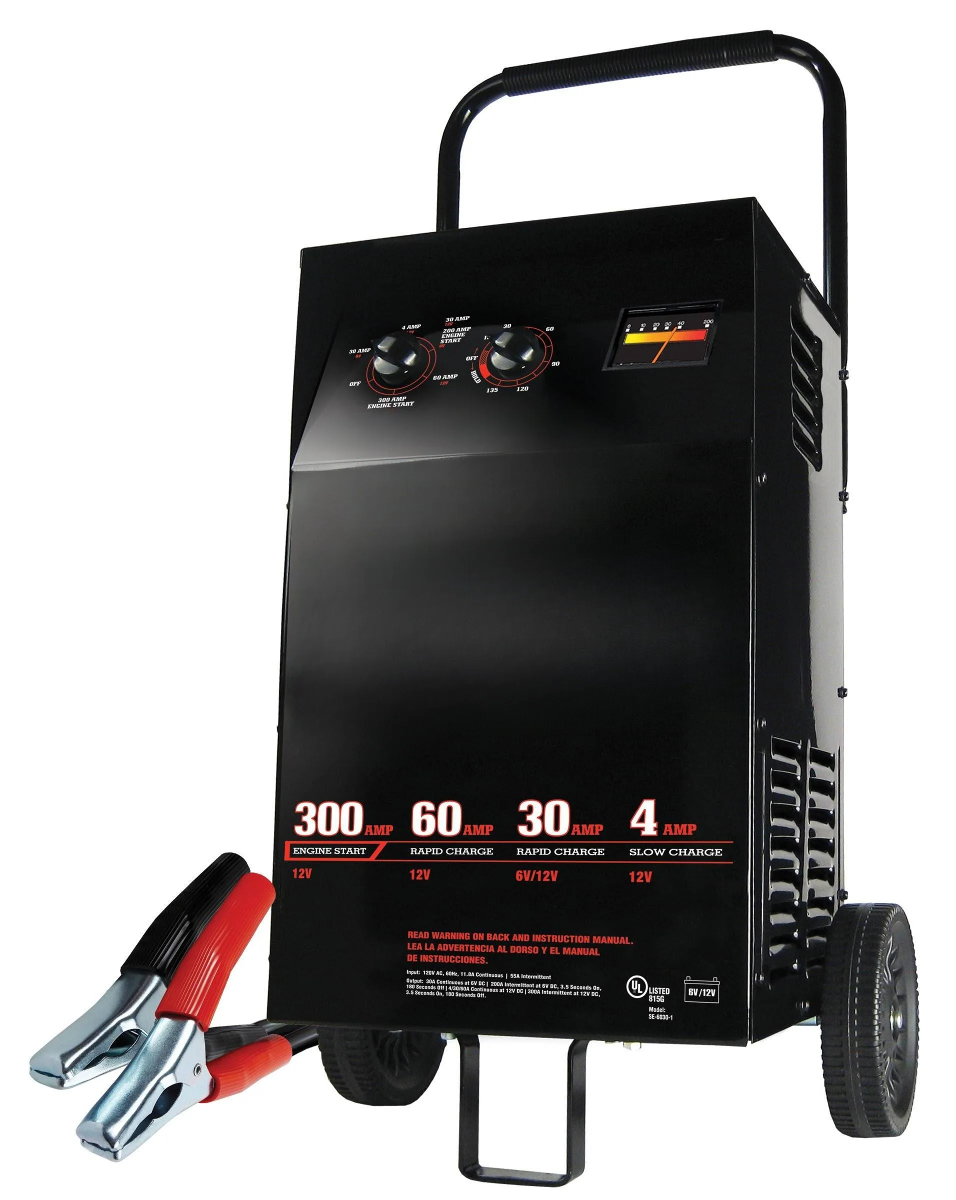Electric Wheeled Battery Charger and Engine Starter. 2-in-1. manual timer control. 300 crank amps. 6 volts. 12 volts. for car. SUV. truck and Marine batteries