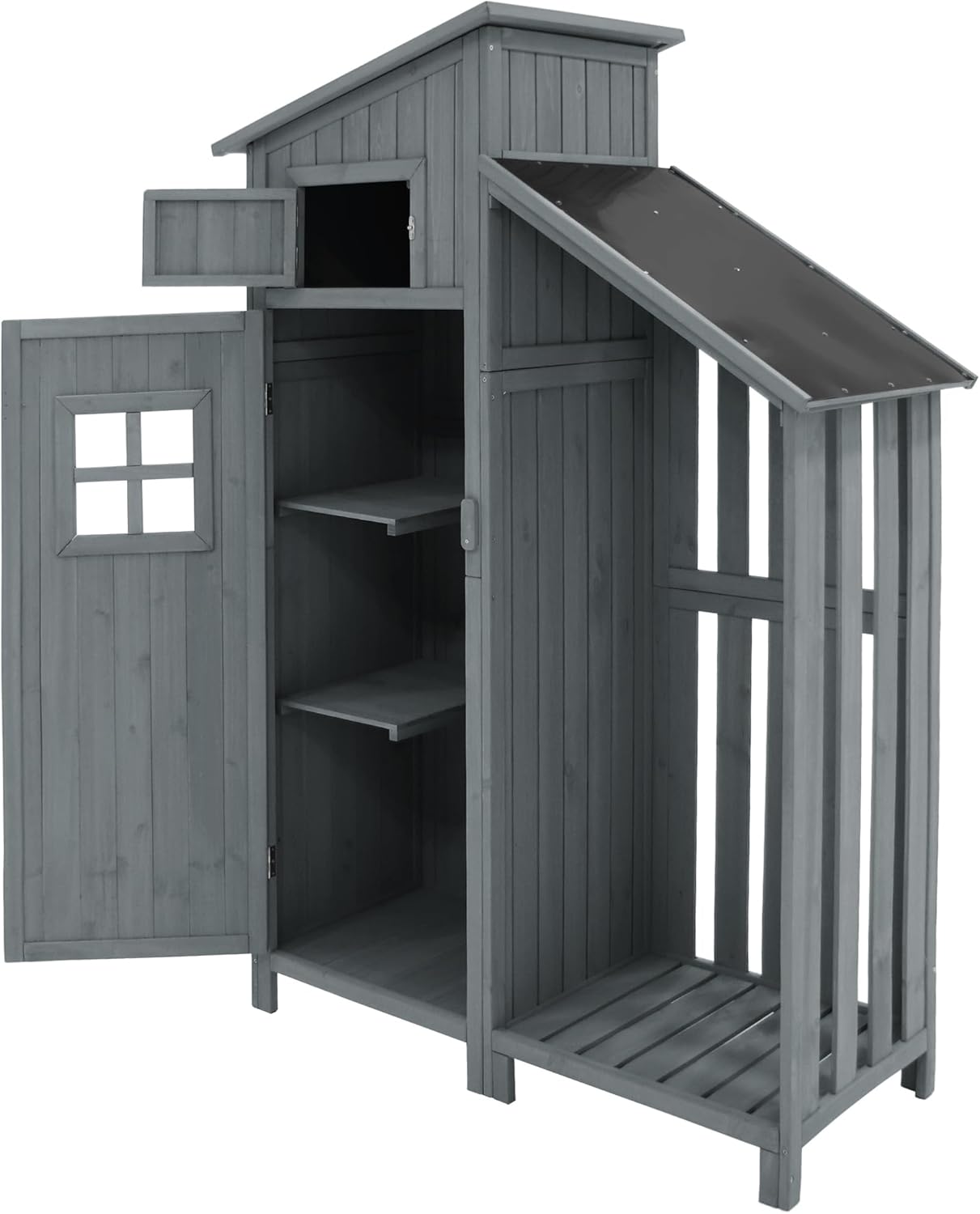 Su & Chan Legence Holzgerätehaus mit großem Stauraum, wetterfester Geräteschuppen mit Zwei Ablagen, vielseitiger Gartenschrank für Werkzeuge und mehr, 124 x 46 x 174 cm, Grau