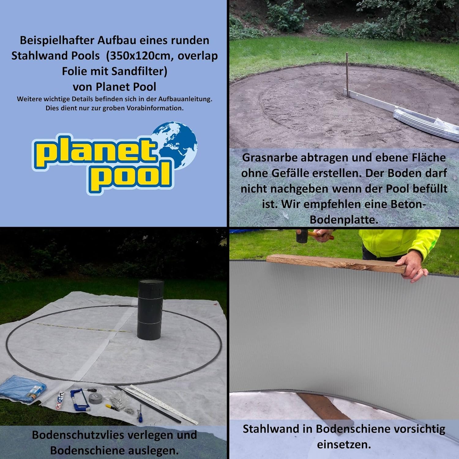 Planet Pool Stahlwandpool Set (5-teilig) rund 350x120 cm, Stahl 0,4 mm anthrazit, Folie 0,4 mm blau, Einhängebiese