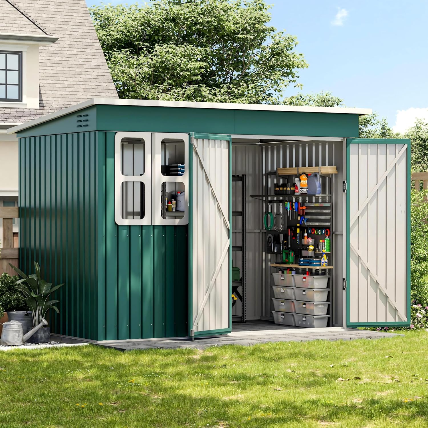 UDPATIO Gartenhaus Metall 260 x 176 x 190 cm mit Fenster, abschließbarer Tür und Belüftung, Fahrradgarage mit Pultdach, Geräteschuppen für Werkzeuge, Ausrüstung, Wasserdicht, Verzinkter Stahl, Grün