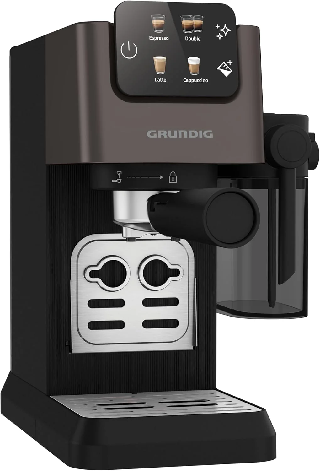 GRUNDIG KSM 5330 Espressomachine met ge?ntegreerd melkreservoir, 1628 W vermogen, 15 bar pompdruk, dubbele tuit, kleuren-touchscreen, BrewSense, CreamyPro, donker inox/zwart