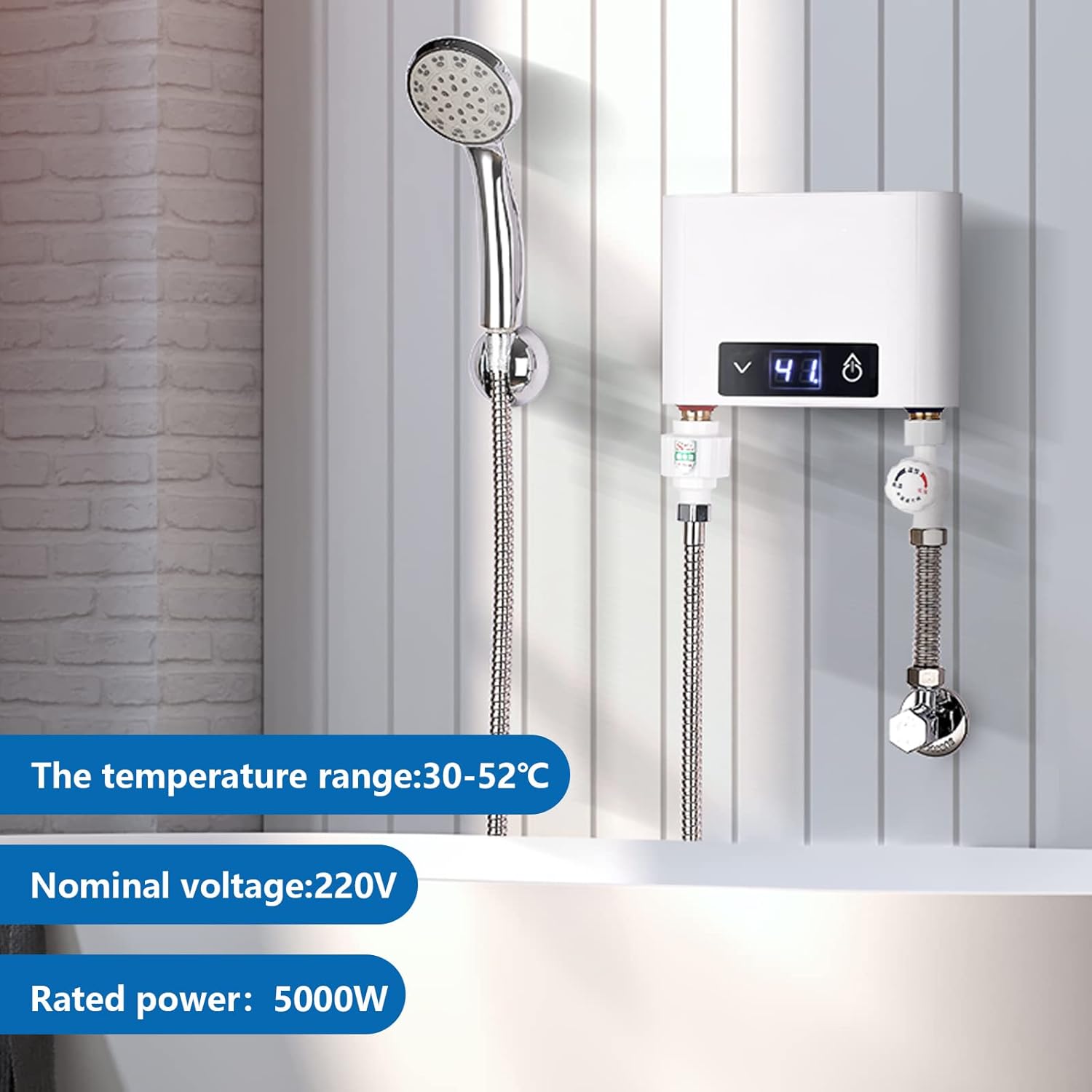 Elektronischer Durchlauferhitze Dusche, 220V elektrische Warmwasserbereiter Temperaturwahl 30-52 °C mit Bad Dusche Kit, für Handwaschbecken, Küche, Bad, Waschbecken (5500W mit Duschset, Weiß)