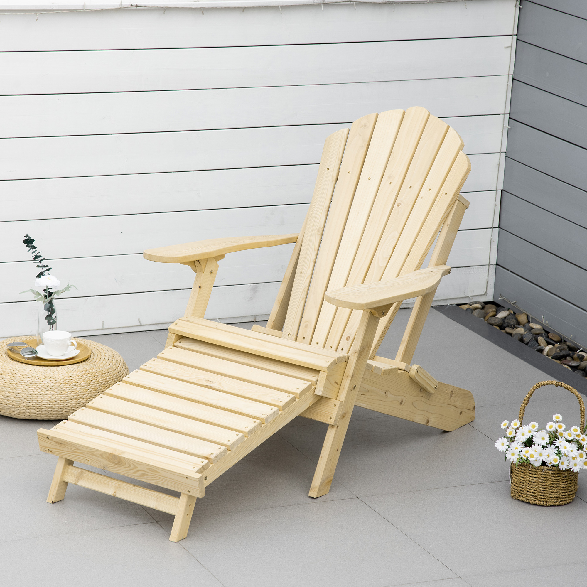 Adirondack Tuinstoel met Voetensteun Opvouwbaar Ligstoel Buitenmeubilair Grenenhout Natuur 78 x 140 x 94 cm
