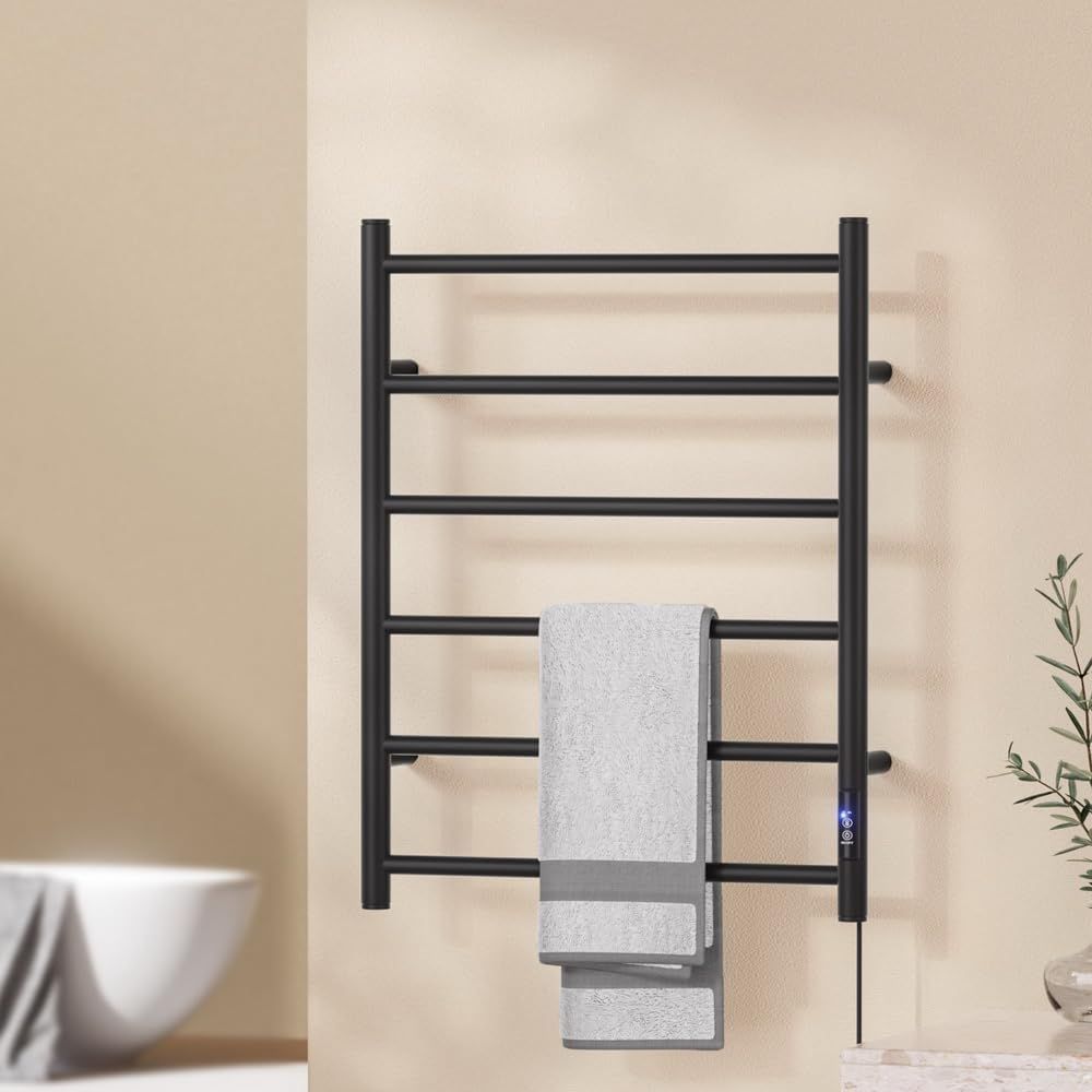 Devanti 6-Bar Heated Towel Rail - Electric Wall-Mounted Warmer with Timer, 80W Space-Saving Bathroom Rack in Black