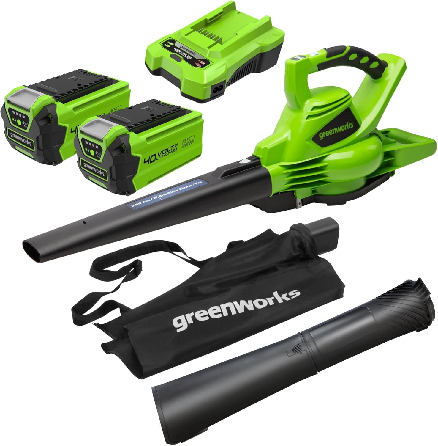Greenworks 40V Akku Laubsauger/ Laubbläser mit bürstenlosem Motor, 370 km/h, 14.17m3/min, 45L Fangsack mit 2x 2Ah Akkus  und  Ladegerät, 3 Jahre Produkt-Garantie