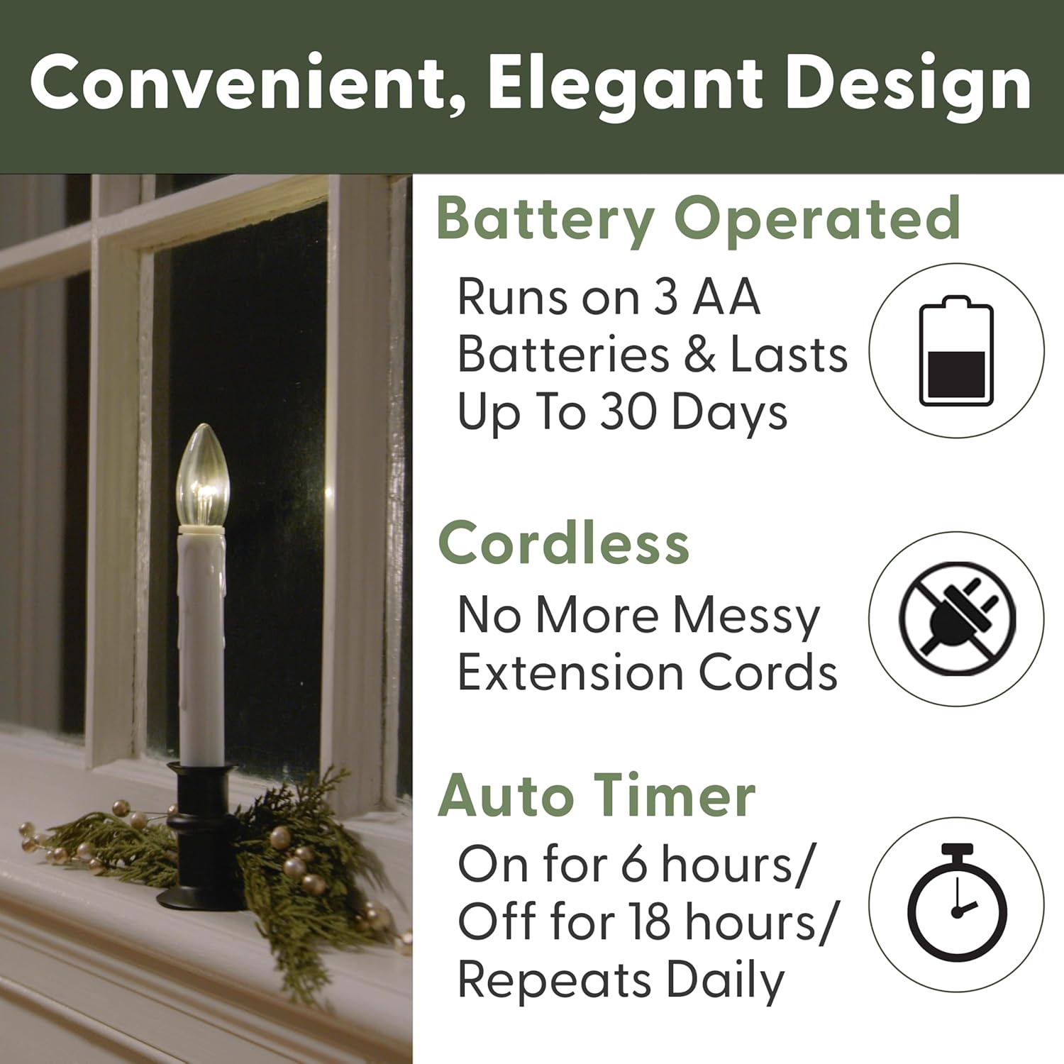 612 Vermont Ultrahelle LED-Fensterkerzen mit Timer, batteriebetrieben, Slim-Line Metallsockel, VT-2813-OW-4R (mattes Onyx, 4 Stück)