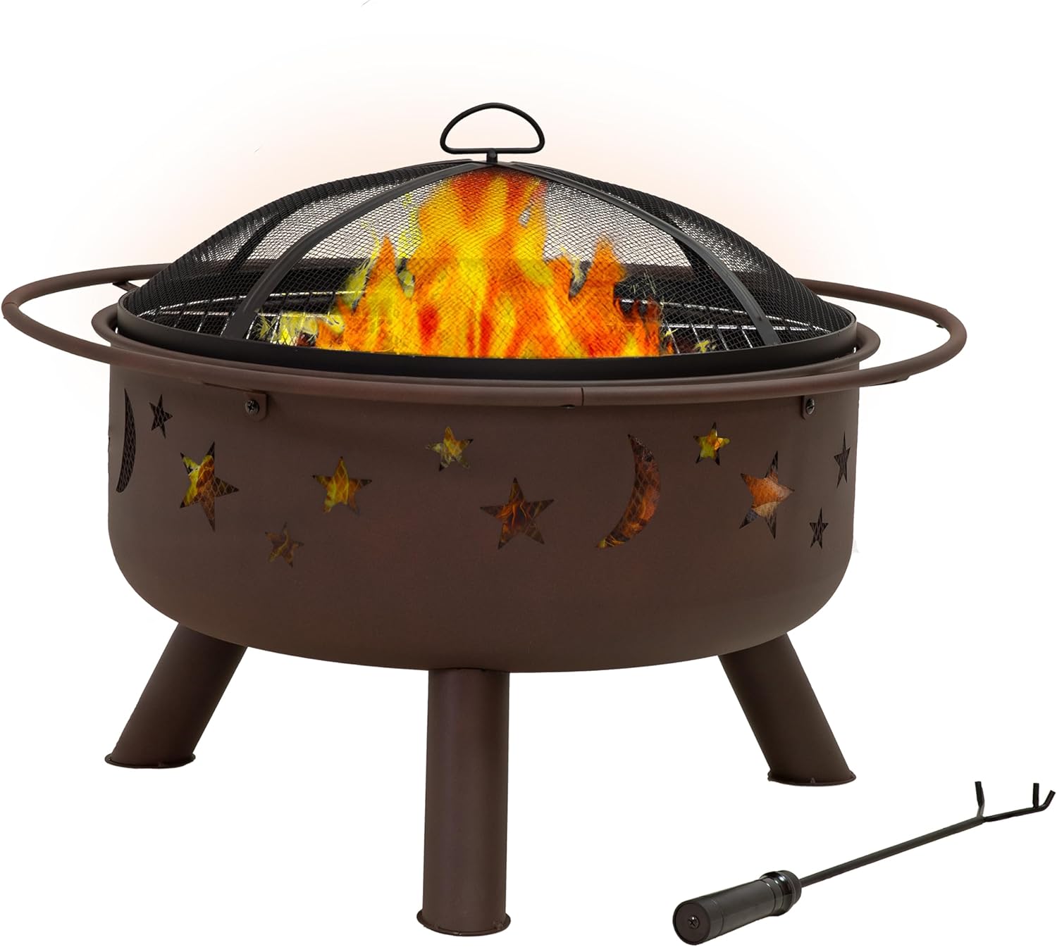 Sunnydaze Cosmic 30-Inch Patio Fire Pit for Outside - Outdoor Wood-Burning Fire Pit with Grill Grate, Spark Screen, and Fireplace Poker - Bronze