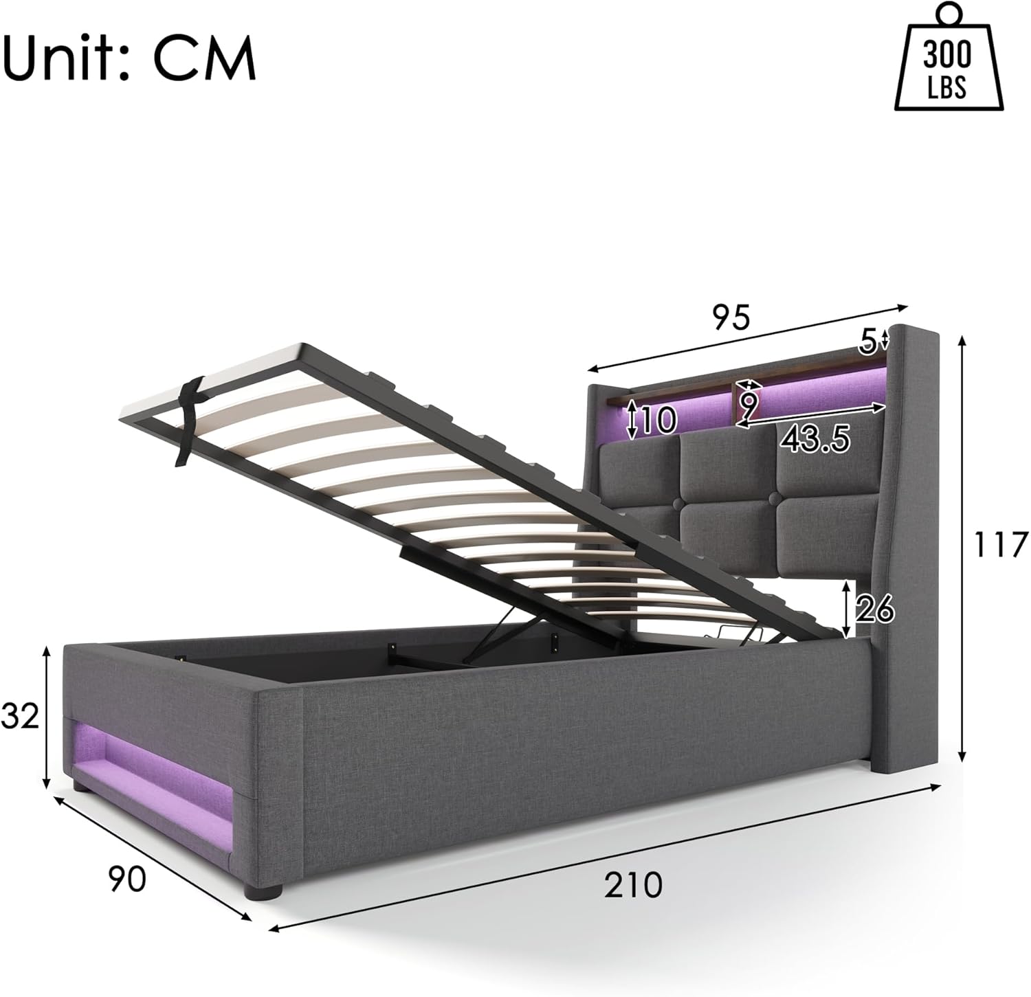 Merax Polsterbett 90x200cm, Einzelbett mit Bettkasten und Lattenrost, Stauraum Kopfteil mit LED und USB Ladefunktion, Hydraulisch Stauraumbett Funktionsbetten, Leinen, Jugendbett, ohne Matratze, Grau