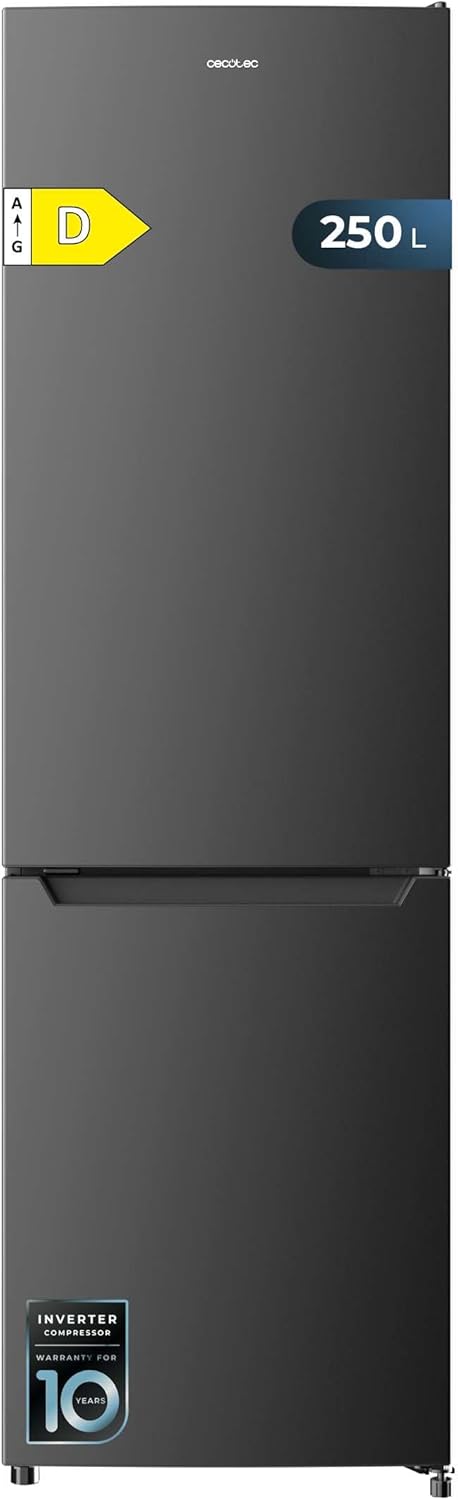 Cecotec Réfrigérateur combiné Bolero CoolMarket Combi 250 Dark D. Capacité de 250L, classe D, compresseur Inverter, Total No Frost, Multi Airflow, et porte réversible. Économies d'énergie garanties.