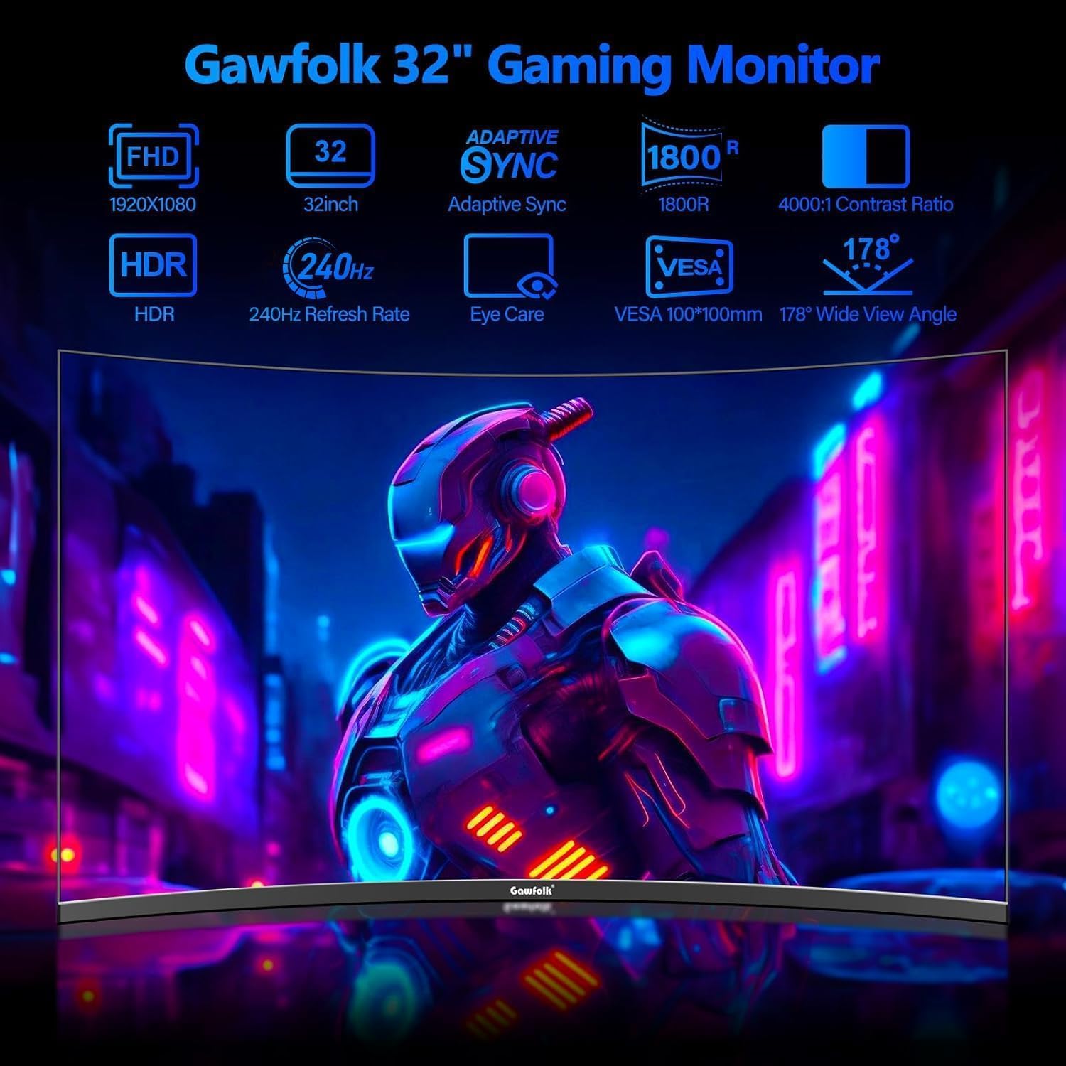 Gawfolk Gaming Monitor 32 Zoll Curved, 240Hz PC Bildschirm Full HD 1080P, Rahmenloses 1800R Gebogenes Computerbildschirm unterstützt VESA