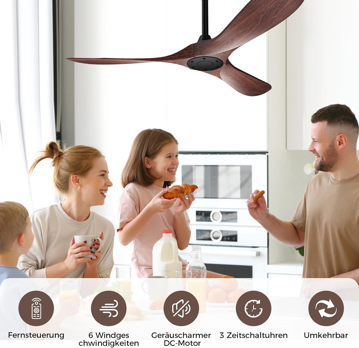 Biukis 152 cm Deckenventilator mit Fernbedienung, 6 Geschwindigkeitsstufen, reversibler DC-Motor für ganzjährige Nutzung, geeignet für Außenbereich, Garten, Wohnzimmer, Schlafzimmer – Walnuss