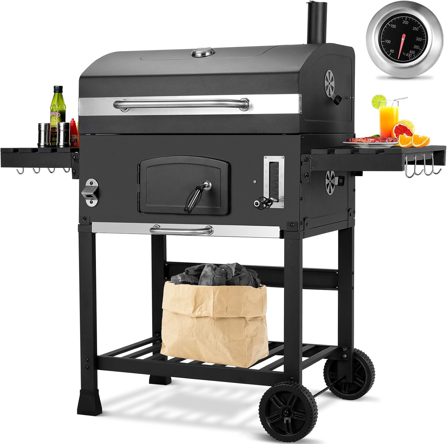 Grill węglowy XXL, grill węglowy z kominem i pokrywą, grill z wózkiem, wędzarnia z kółkami i termometrem, duży grill węglowy na kemping i do ogrodu