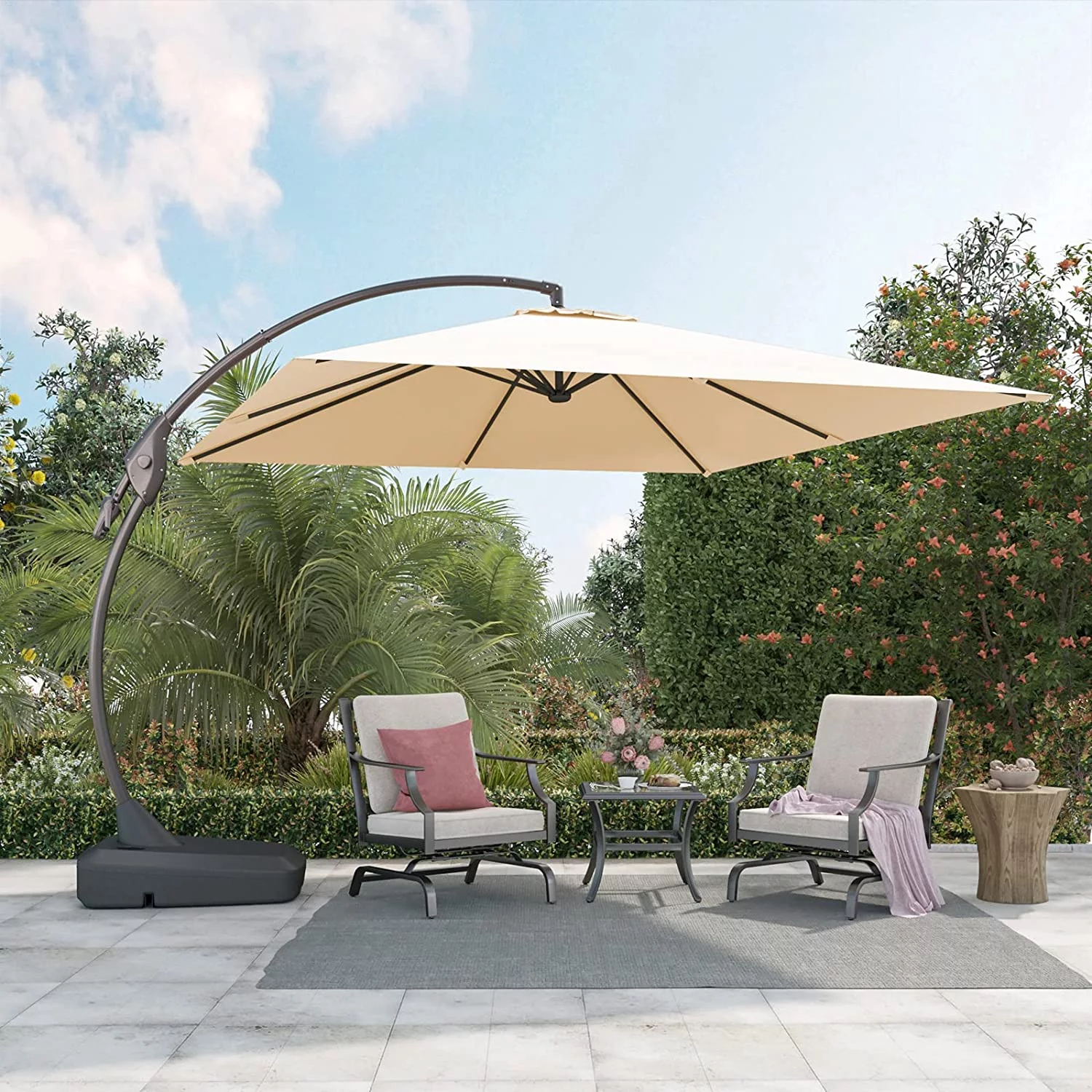 2025 Grand Patio Deluxe Cantilever Parasol van Aluminium Offset 10x10 voet, Rechthoekige Parasol voor Patio met Basis, Champagnekleur