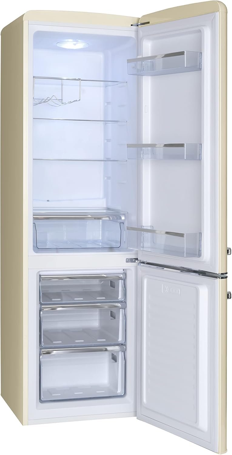 Amica Retro Kühlschrank freistehend mit Gefrierfach 244 l LED Beleuchtung Glasablagen Chrom Flaschengitter 181 x 55 x 62 cm Beige - Kühl Gefrierkombination