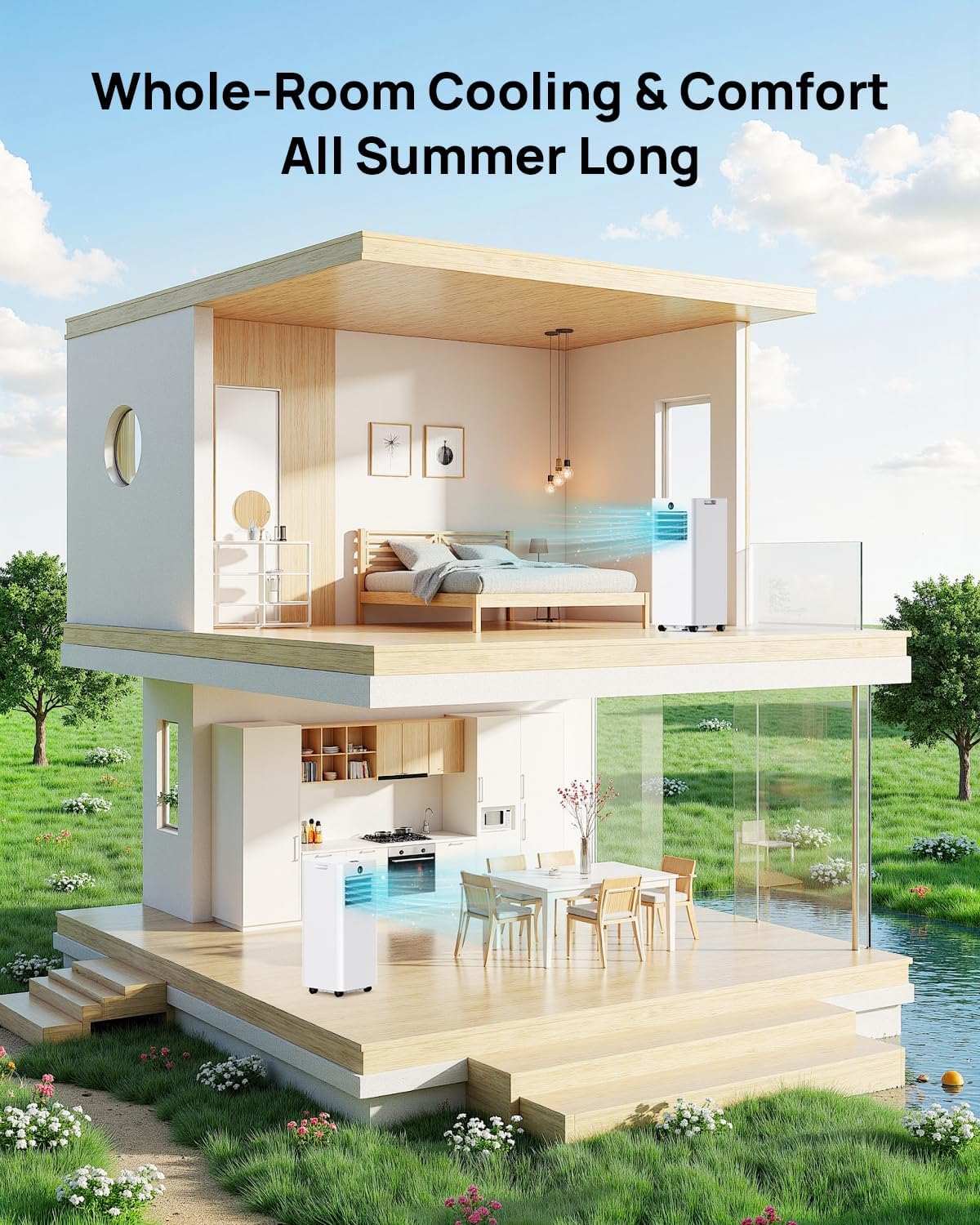 Klimaanlage Mobil 7000 BTU, Mobiles Klimagerät mit Abluftschlauch, Kühl-/Ventilations-/ Entfeuchtungs-/Schlafmodus 4-in-1, Digitalanzeige & Fernbedienung, 24H Timer, 360° Rollen, Inklusive Fensterset