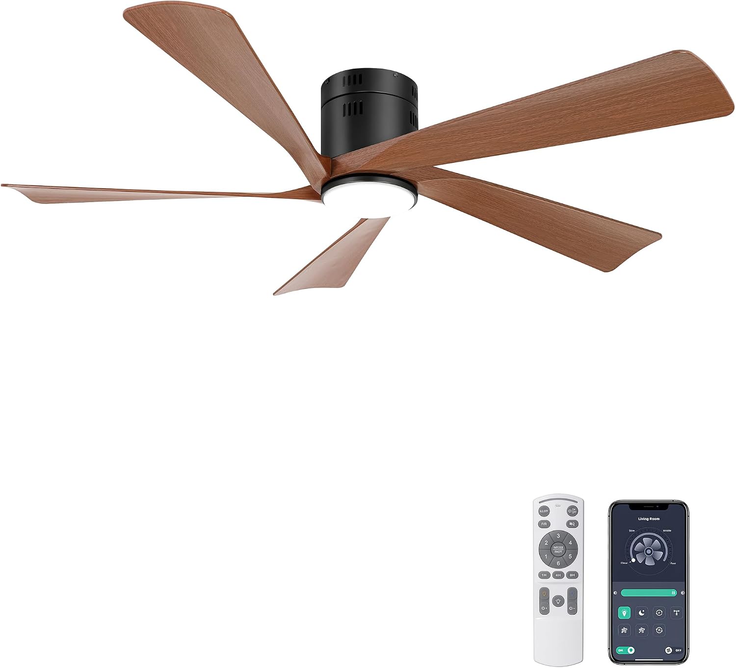Ohniyou Deckenventilator mit Beleuchtung, 132 cm (52 Zoll), Fernbedienung und App-Steuerung, Deckenventilator für den Außenbereich, Terrasse, Wohnzimmer, Dimmbar, Leiser DC-Motor, Walnuss