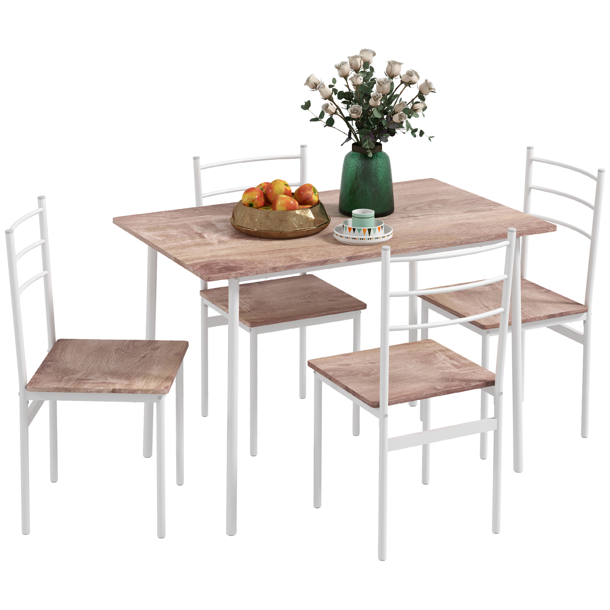 5-delige Eetgroep Eettafel met Stoelen Zitgroep, Modern Ontwerp, Natuur + Wit