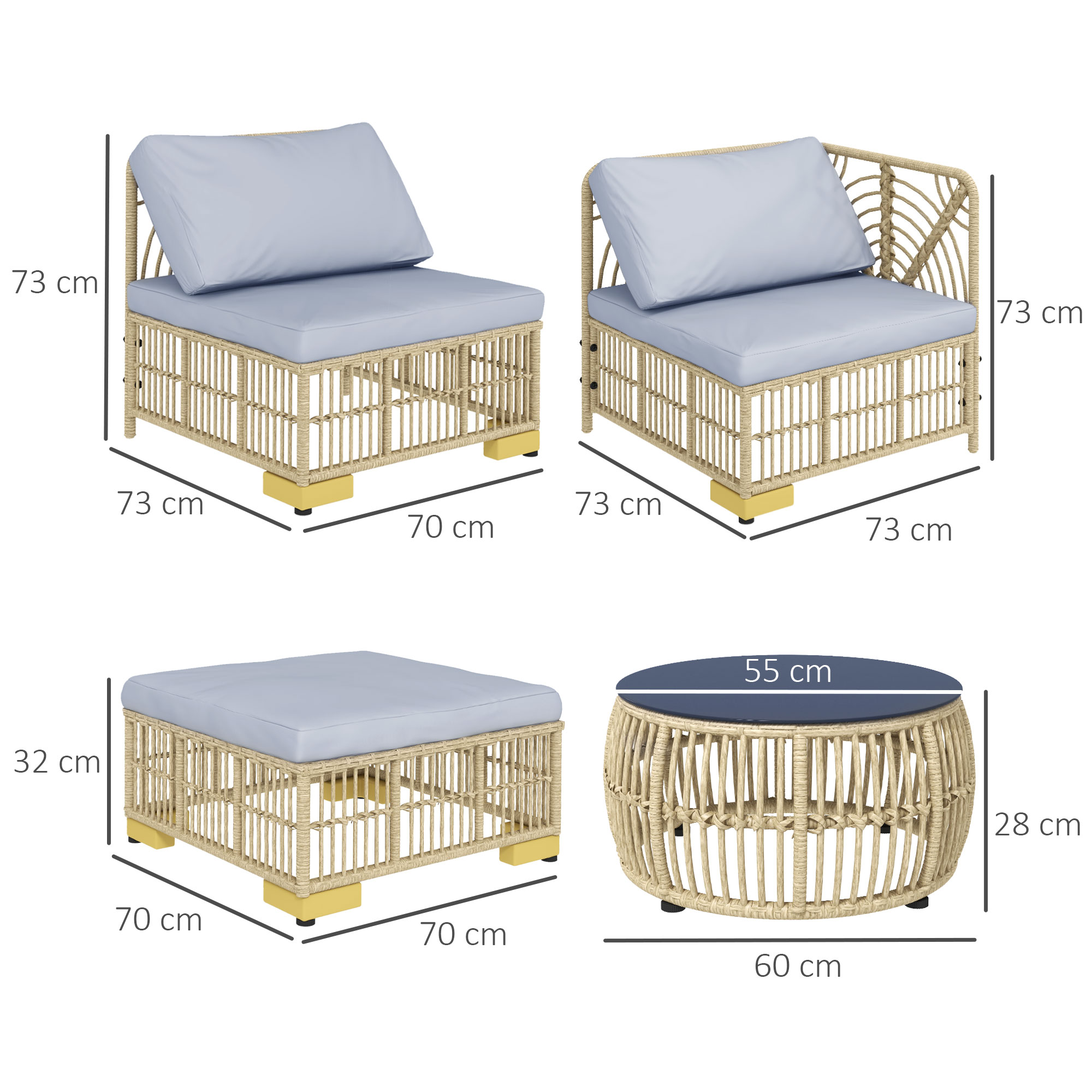 Outsunny Tuinset, 5-delig, inclusief zitkussen, kunstrotan, roestvrijstalen frame, lichtgrijs