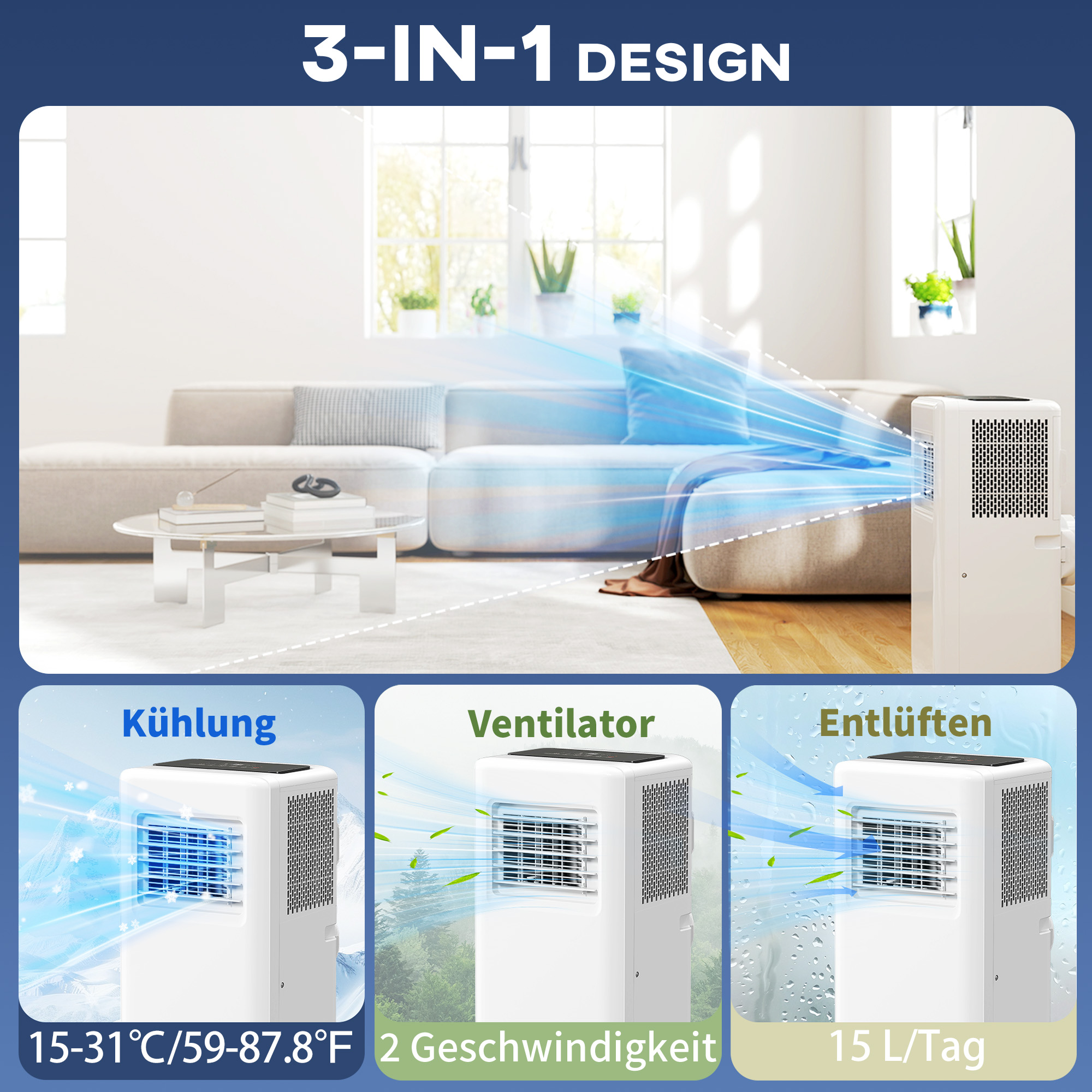 Mobiele Airconditioner, Diverse Instellingen, LED-Display, Timer, Wielen, Wit