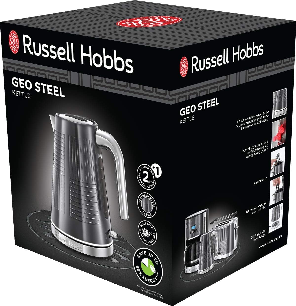 Russell Hobbs GeoSteel Frühstückset Toaster, Wasserkocher und Kaffeemaschine