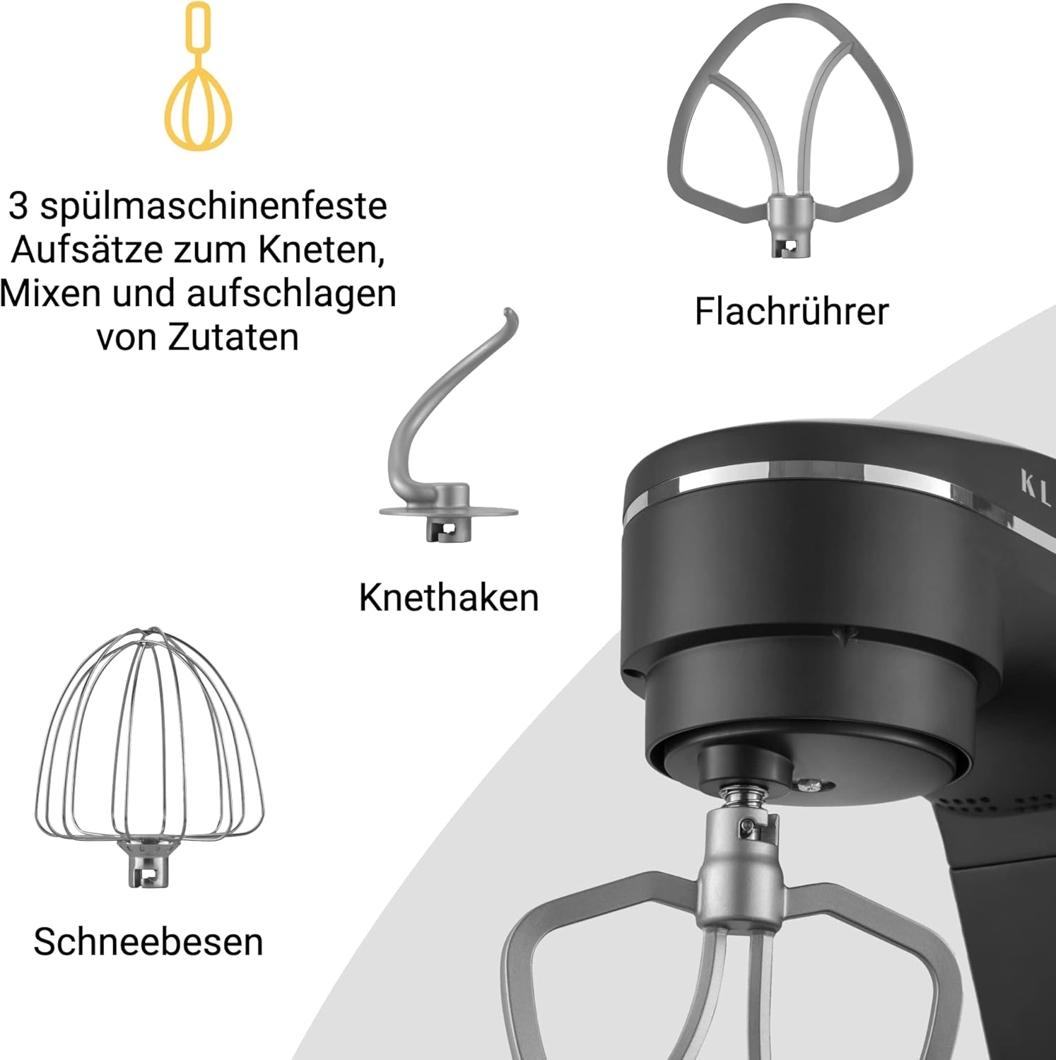KLAMER Küchenmaschine 1800W, Knetmaschine Brotteig mit Edelstahl-Rührschüssel 6 L, 10 Stufen mit Timer, Planetenrührwerk, Rührbesen, Knethaken, Schneebesen & Sichtdeckel (schwarz)