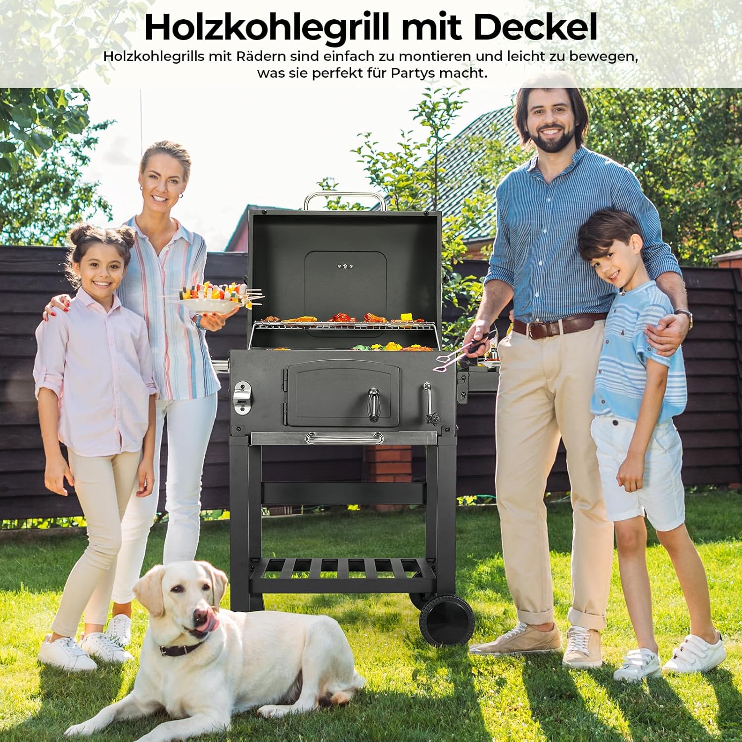 Grill węglowy XXL, grill węglowy z kominem i pokrywą, grill z wózkiem, wędzarnia z kółkami i termometrem, duży grill węglowy na kemping i do ogrodu