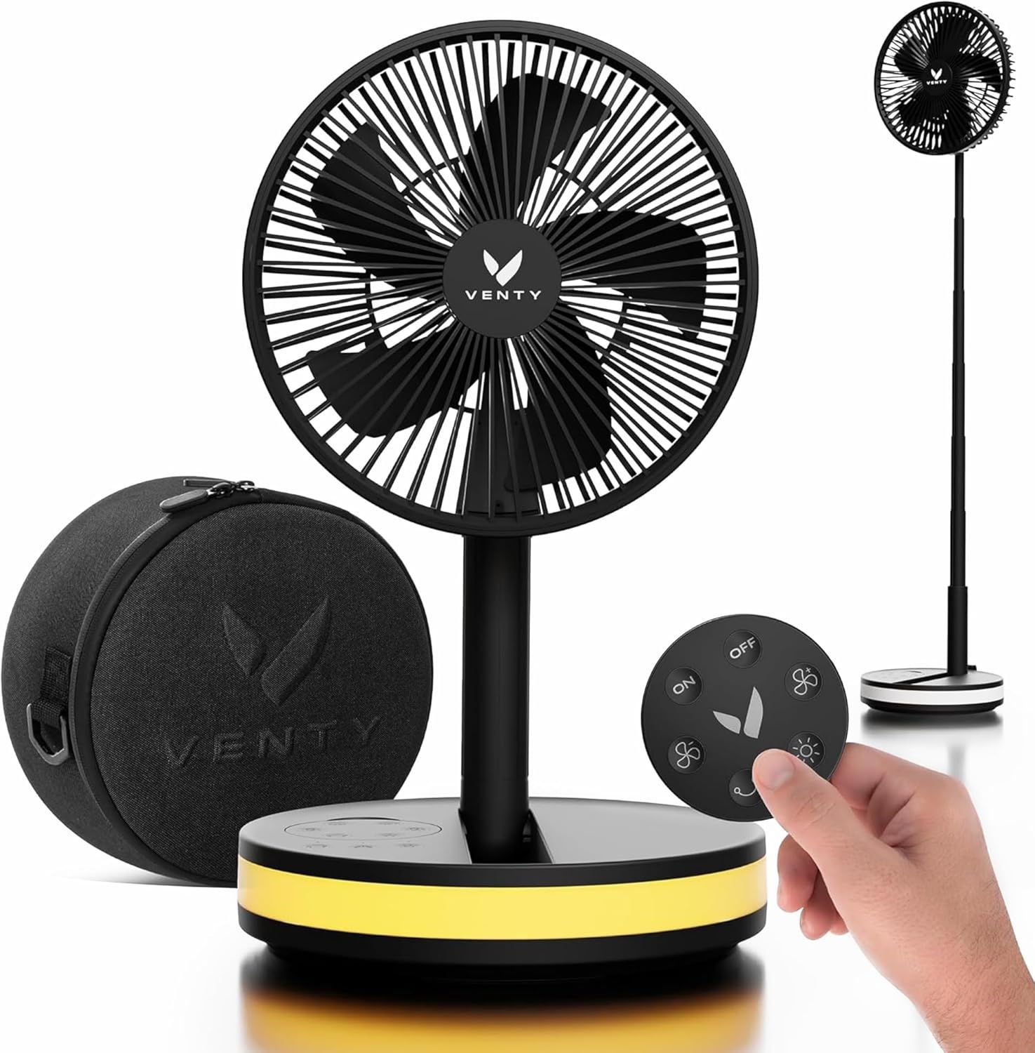 VENTY Wireless Portable Fan - Rechargeable with 48HR Runtime, 16000MAH, Remote & LED, Telescopic Folding Design for Camping (Black, Includes Case)