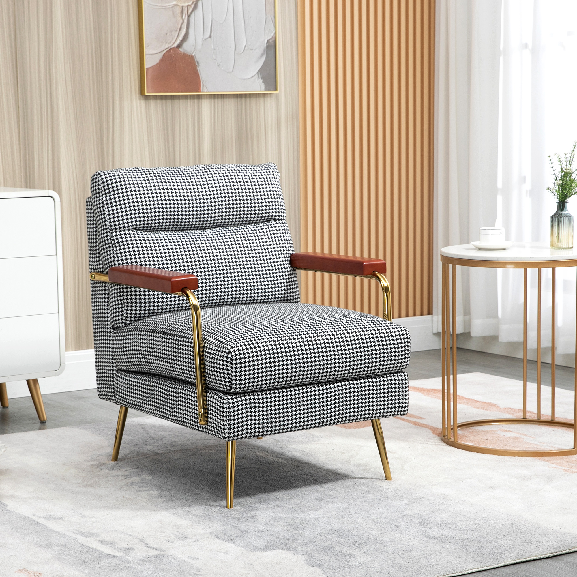Fauteuil in retrodesign, accentstoel, pied-de-poulepatroon, houten elementen, binnenvering, zwart+wit