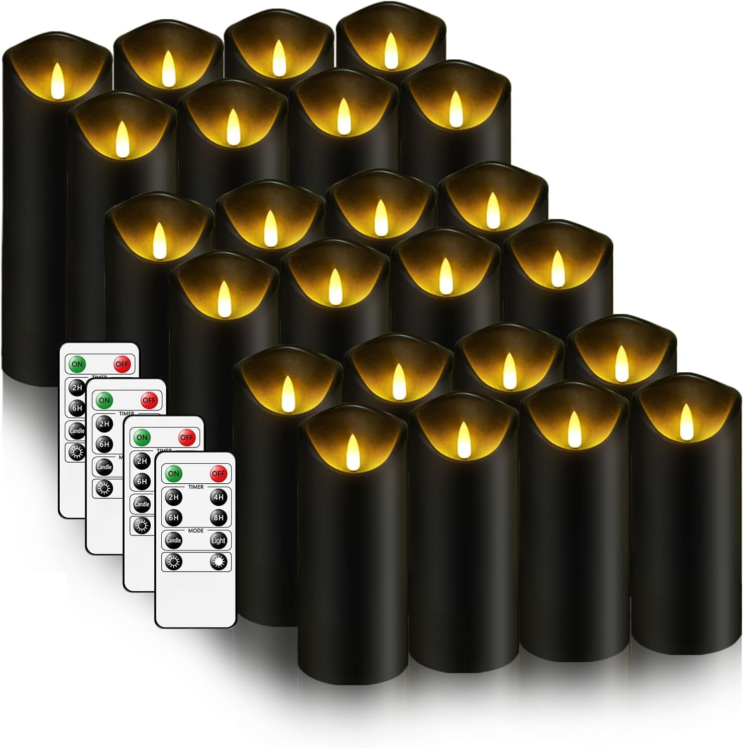 Flackernde flammenlose Kerzen, batteriebetriebene LED-Stumpenkerzen aus Kunststoff mit Fernbedienung und Timer, 24 Stück (Schwarz)