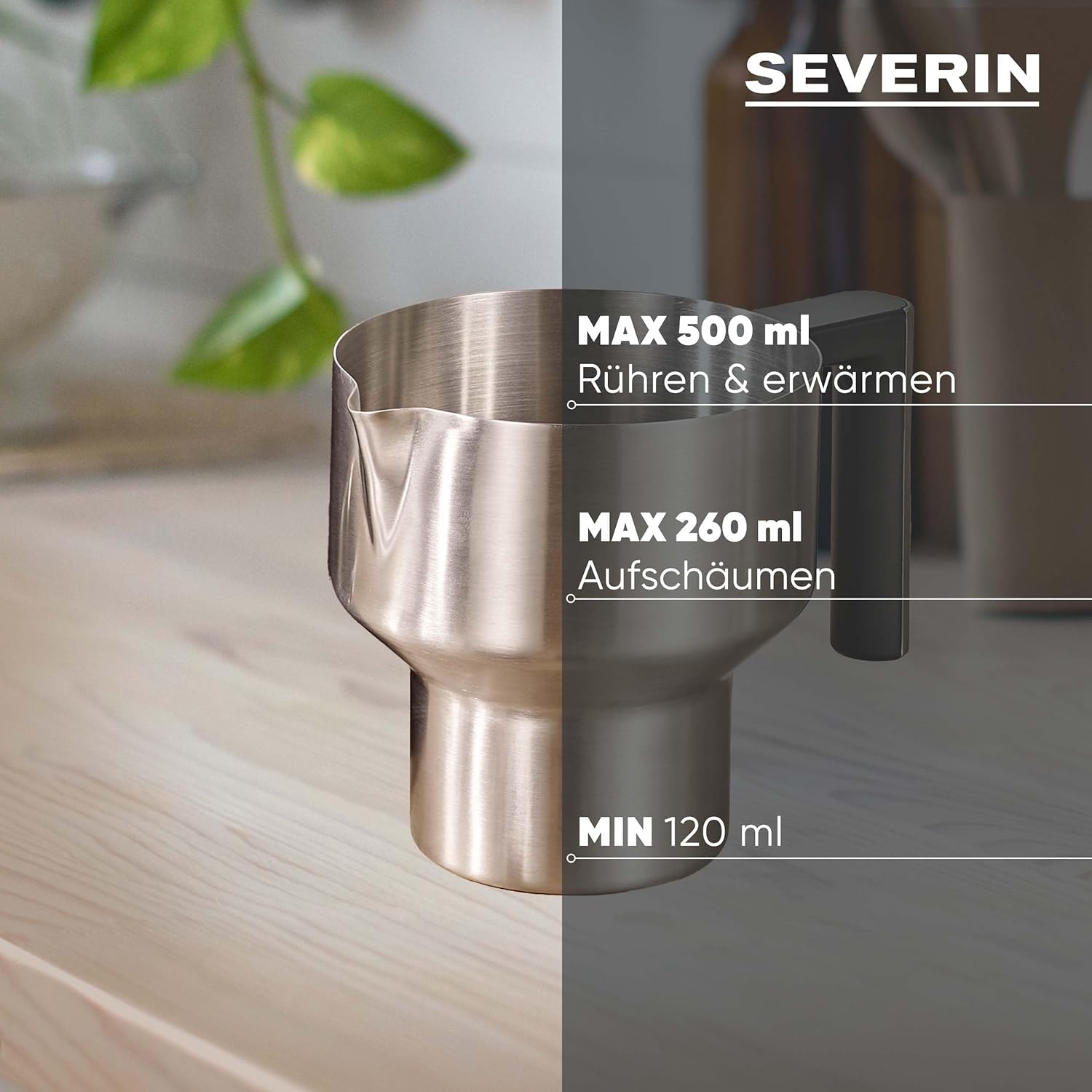 SEVERIN SPUMA 700 Induktions-Milchaufschäumer, elektrischer Milchaufschäumer ohne Anbrennen, spülmaschinengeeigneter Milchschäumer, Edelstahl-gebürstet/schwarz-matt, SM 3586