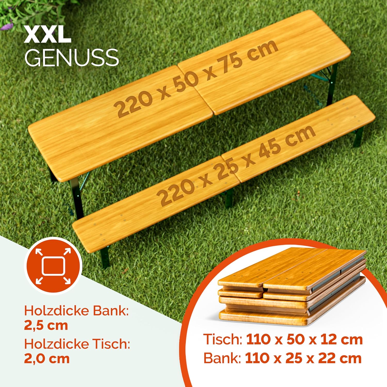 Casaria® Bierzeltgarnitur 220 cm Klappbar Stabil 3 Teilig 2X Bierbank 1x Breiter Tisch Holz Biertischgarnitur Festzeltgarnitur Biergarten Biergarnitur