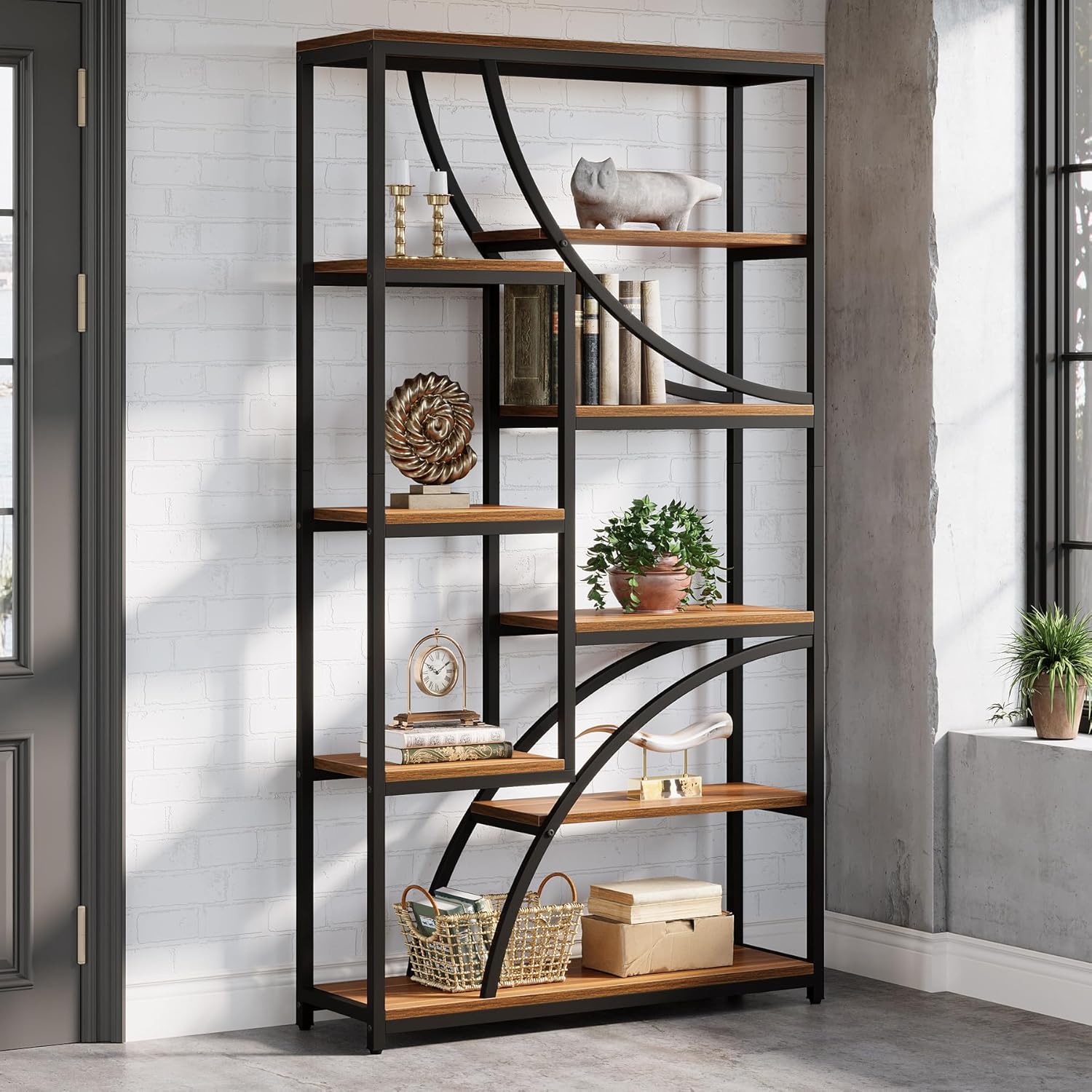 Tribesigns Bücherregal, 180 cm Regal mit 9 Ebenen, Großer Geometrischer Bücherschrank mit Offenen Fächern, Frei Stehendes Holz- & Metall Standregal für Wohnzimmer, Industrie-Design, Braun & Schwarz