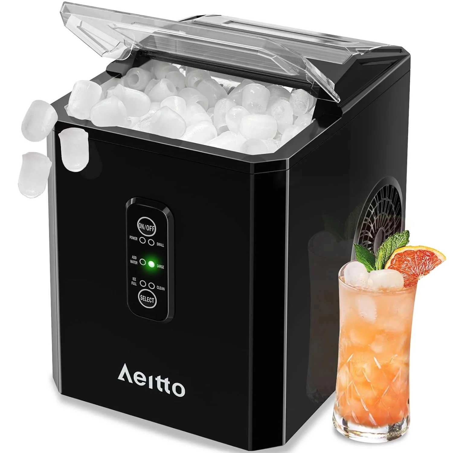 Aeitto Ice Makers Countertop. 9 Ice Cubes Release in 6 Mins. 26Lbs/24H. 2 Sizes of Bullet Ice Machine.Self-Cleaning Portable Ice Maker with Ice Scoop and Basket for Home Kitchen Office Bar RV. Black