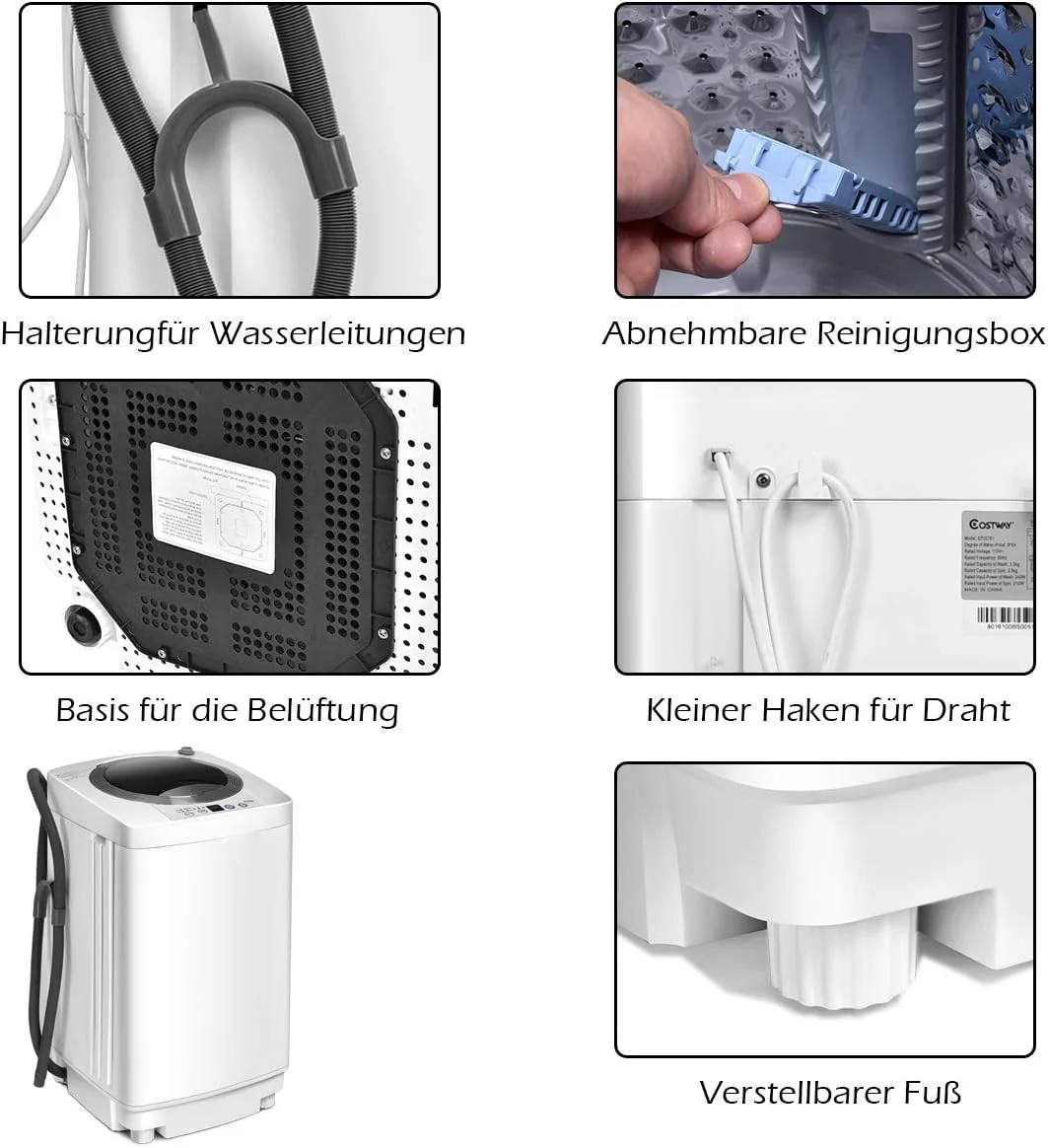 COSTWAY Mini Wasmachine 3,5KG, Volautomatische Wasmachine met Centrifuge, 6 Programma's, Bovenlader Wasmachine incl. Pomp, 240W Kleine Wasmachine voor Appartement, Camper & Camping
