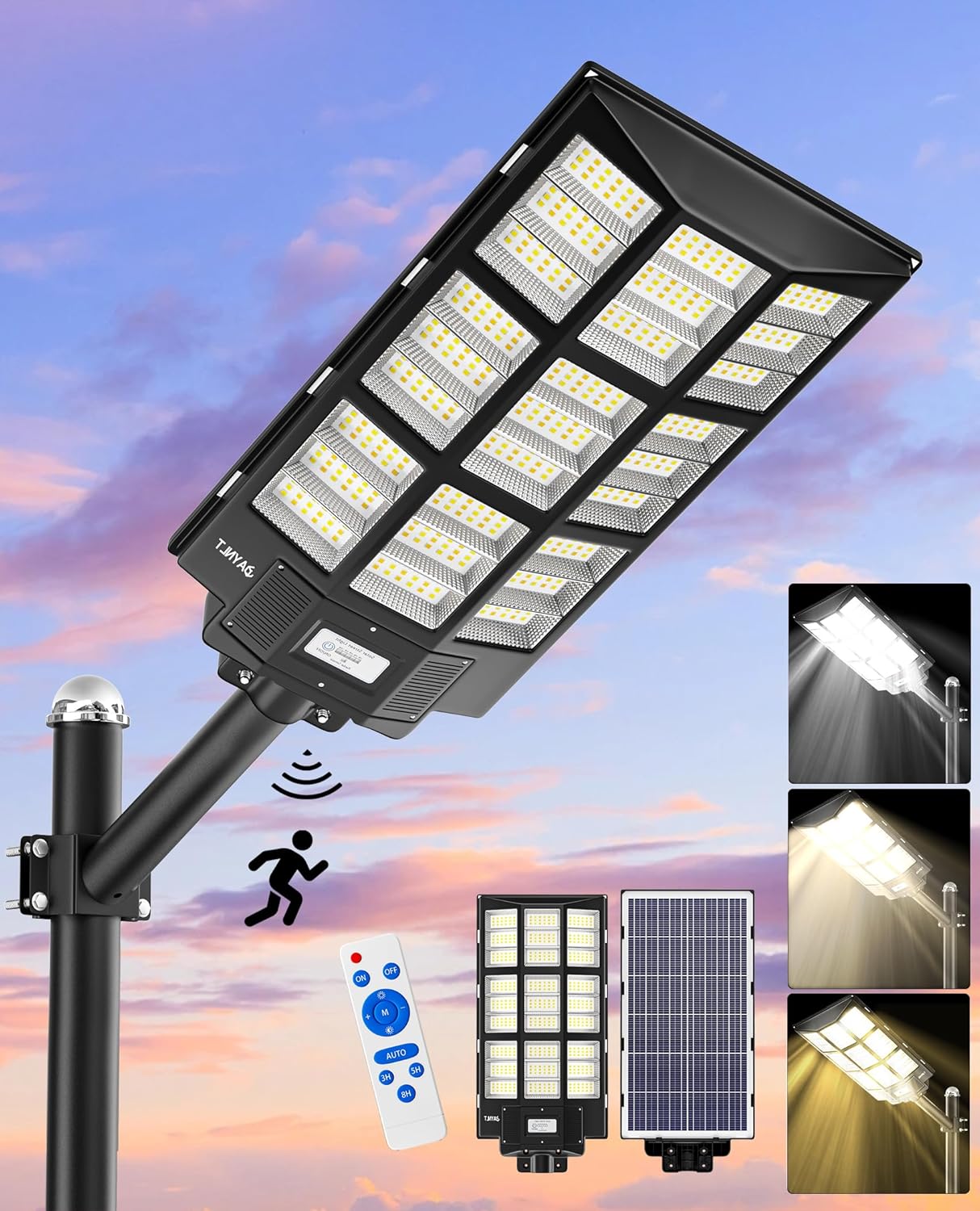 JAYNLT Y-7200W Solar Straßenlampen für den Außen, 2700K/4000K/6500K High Lumen Solarlampen Dämmerung bis zum Morgengrauen, Solar Straßenlaterne mit Bewegungssensor für Parkplätze, Garagen, Garage