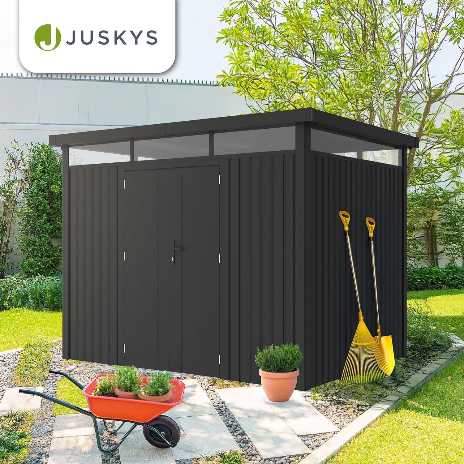 Juskys Gerätehaus Luzern Pro 8,6 m² - Metall Geräteschuppen mit Türen & Fenstern - wetterfest & abschließbar - Fahrradgarage, Gartenhaus - Anthrazit