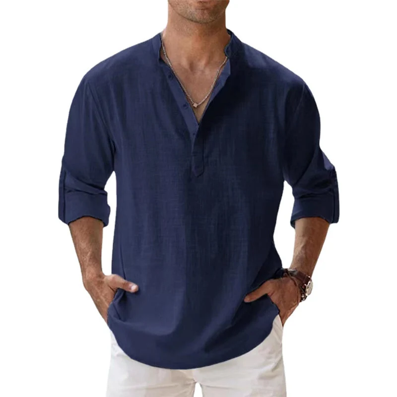 Herren Leinenhemd mit Henley-Ausschnitt | Atmungsaktives Sommerhemd aus leichtem Leinen | Klassisches Freizeit-Shirt Langarm