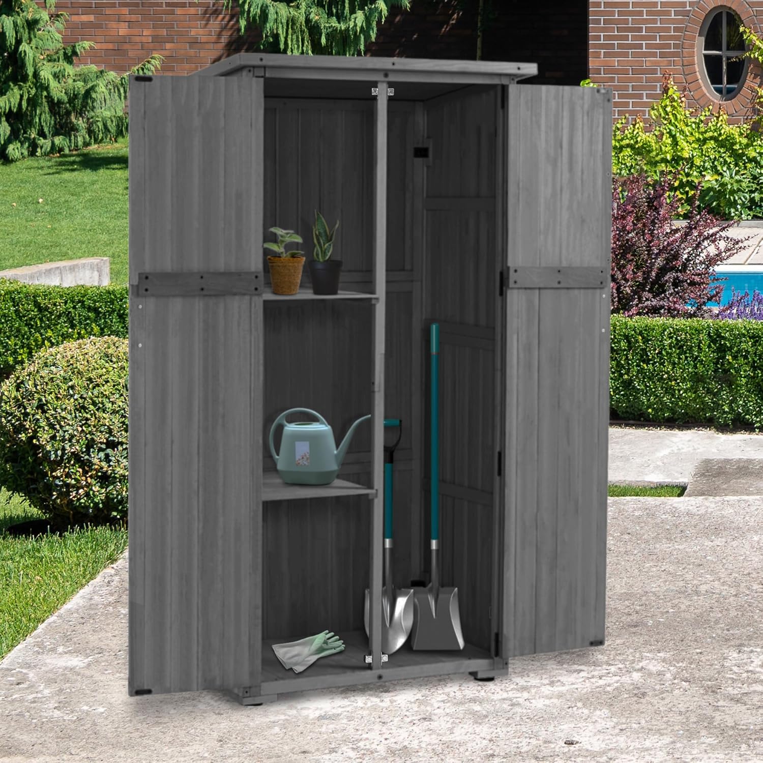 M MCombo Gartenschrank Holz, Gartenhaus Klein Wetterfest, Outdoor Gerätehaus Geräteschuppen, für Außenbereich Balkon Terrasse, 55×90×169cm, 0878EY-F (Grau)