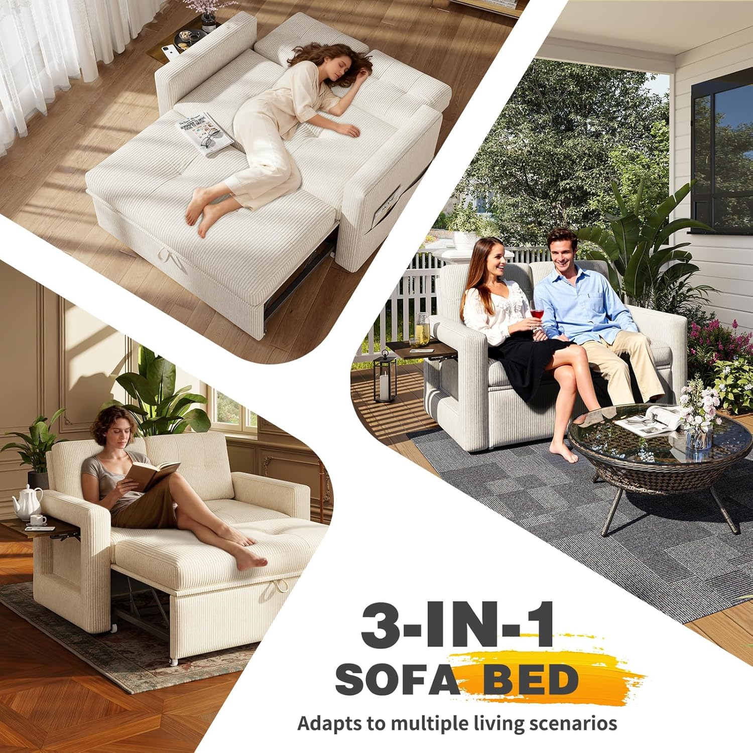 YOUDENOVA Sofá Cama 3 en 1, Sillón Cama multifunción, Sofá reclinable con Respaldo Regulable en 5 Posiciones, Sofá Cama para 2 Personas con Mesa y Bolsillos Laterales, Pana Beige