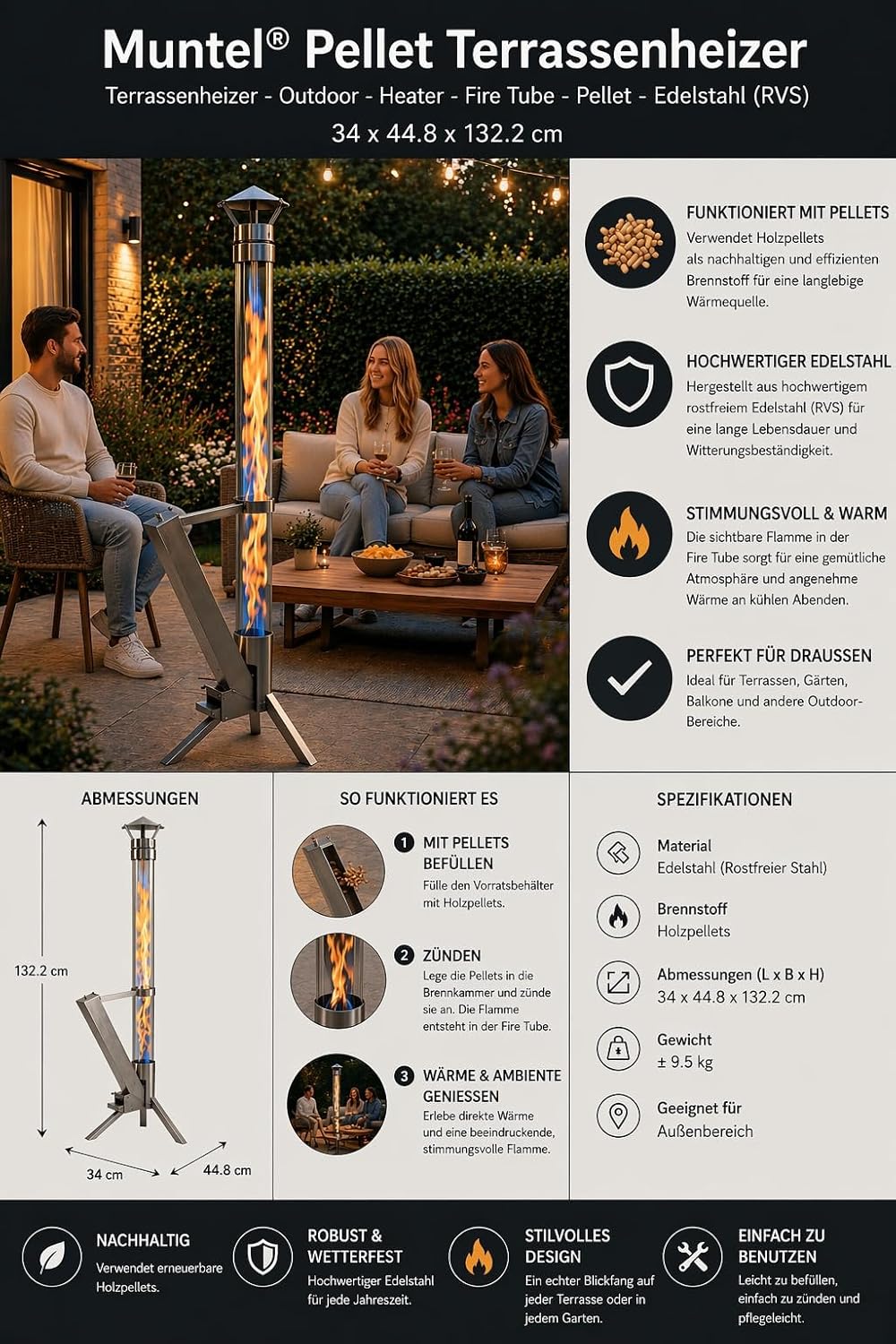 Eden Outdoor Feuerrohr Klassik,Edelstahl Feuersäule und Pelletfackel, Elegante Terrassenheizer und Gartenkamin, stilvolles Terrassenfeuer, langlebig und wetterfest, Alternative für Deine Terrasse und