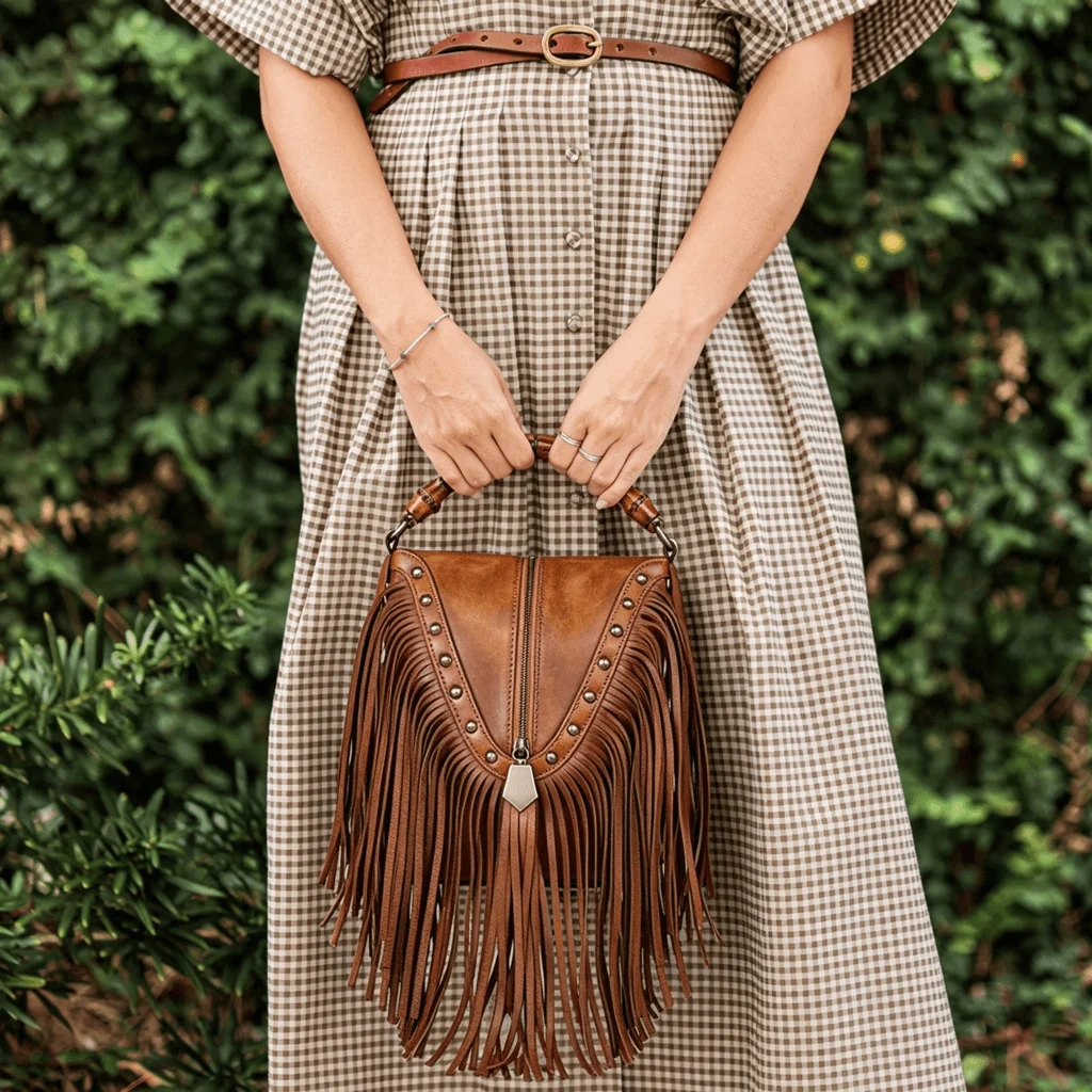 Full Grain Leather Fringe Handbag with Bamboo Handle