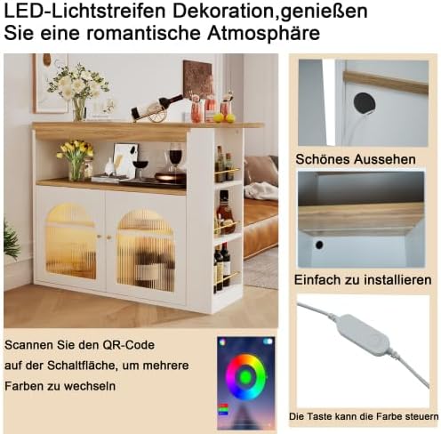 SogesHome Bartisch Esstisch Buffets Modern Ausziehbar Drehbar Bartisch Tisch Stehtisch Bistrotisch mit Stauraum und 1m langem LED Lichtstreifen für Esszimmer