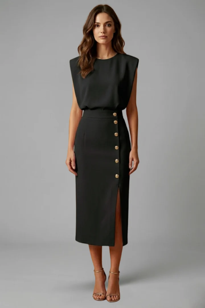 Damen Midikleid mit Rundhalsausschnitt und seitlichem Schlitz | ?rmelloses Kleid mit Knopfleiste und tailliertem Schnitt
