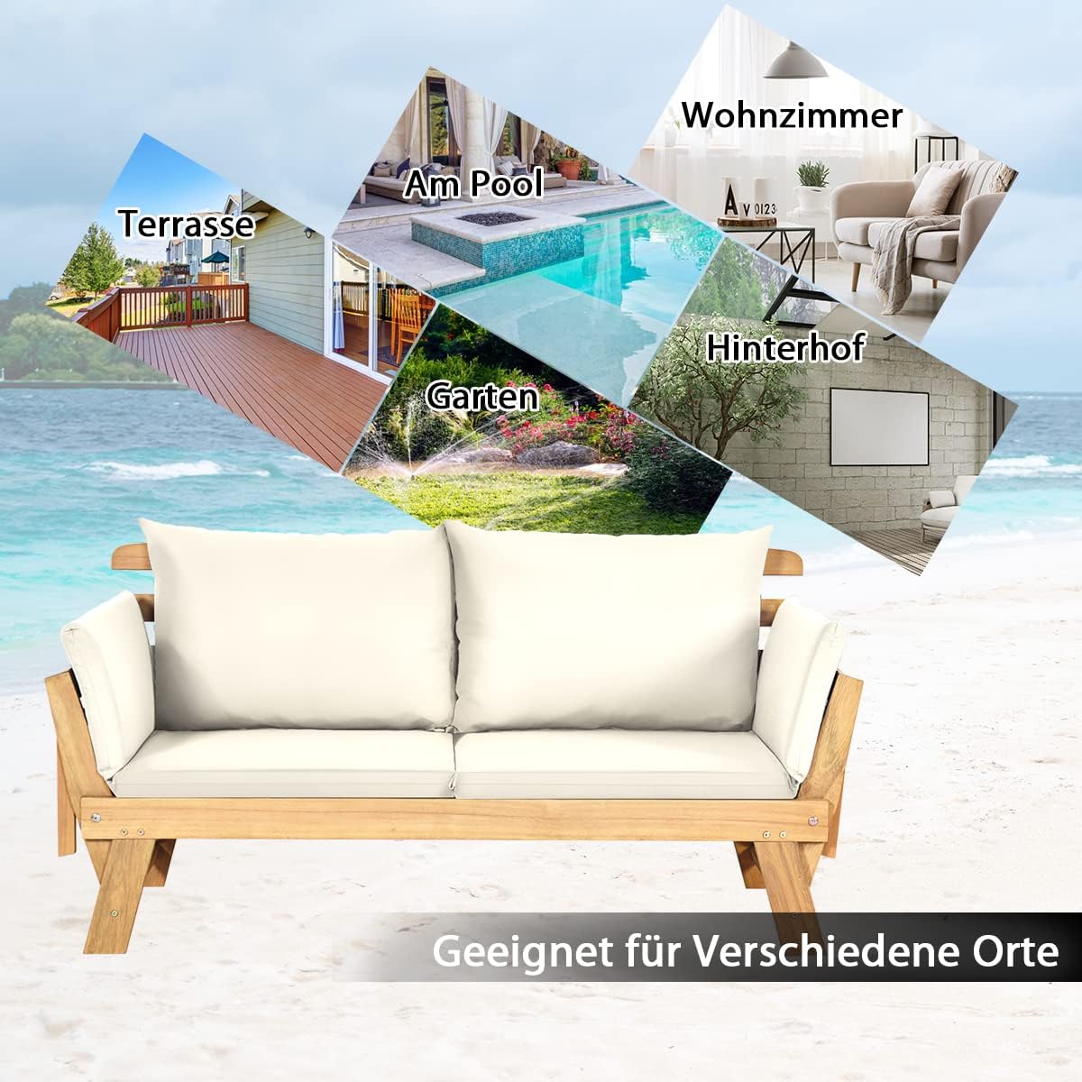 COSTWAY Gartenbank mit Liegefunktion, Gartensofa mit Auflagen und klappbaren Armlehne, Balkonbank aus Akazienholz, Balkonsofa, Gartencouch für Garten, Terrasse, Balkon, 198 x 75 x 75 cm (Beige)
