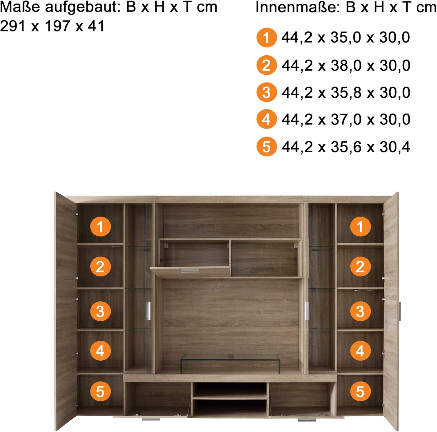 trendteam smart living - Mondeo - Wohnwand - Eiche - Anbauwand mit 4 Türen, 5 offenen Fächern, 3 Klappen und 7 Einlegeböden - (BxHxT) 291 x 197 x 41 cm -viel Stauraum für Ordnung.